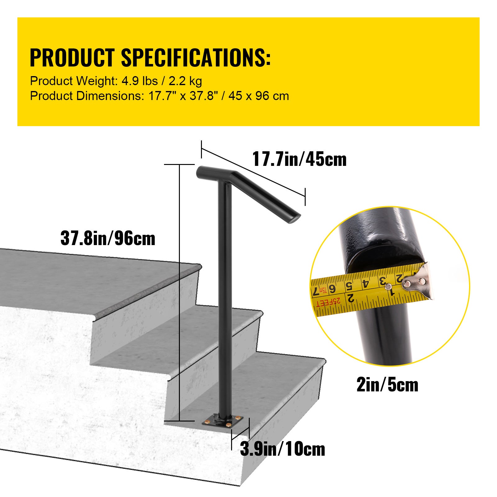 Rampe Ronde Métal SucceBuy 2 Marches Escalier Extérieur 18L x 38H Pouces Poteau Boulonné Inclus - 9