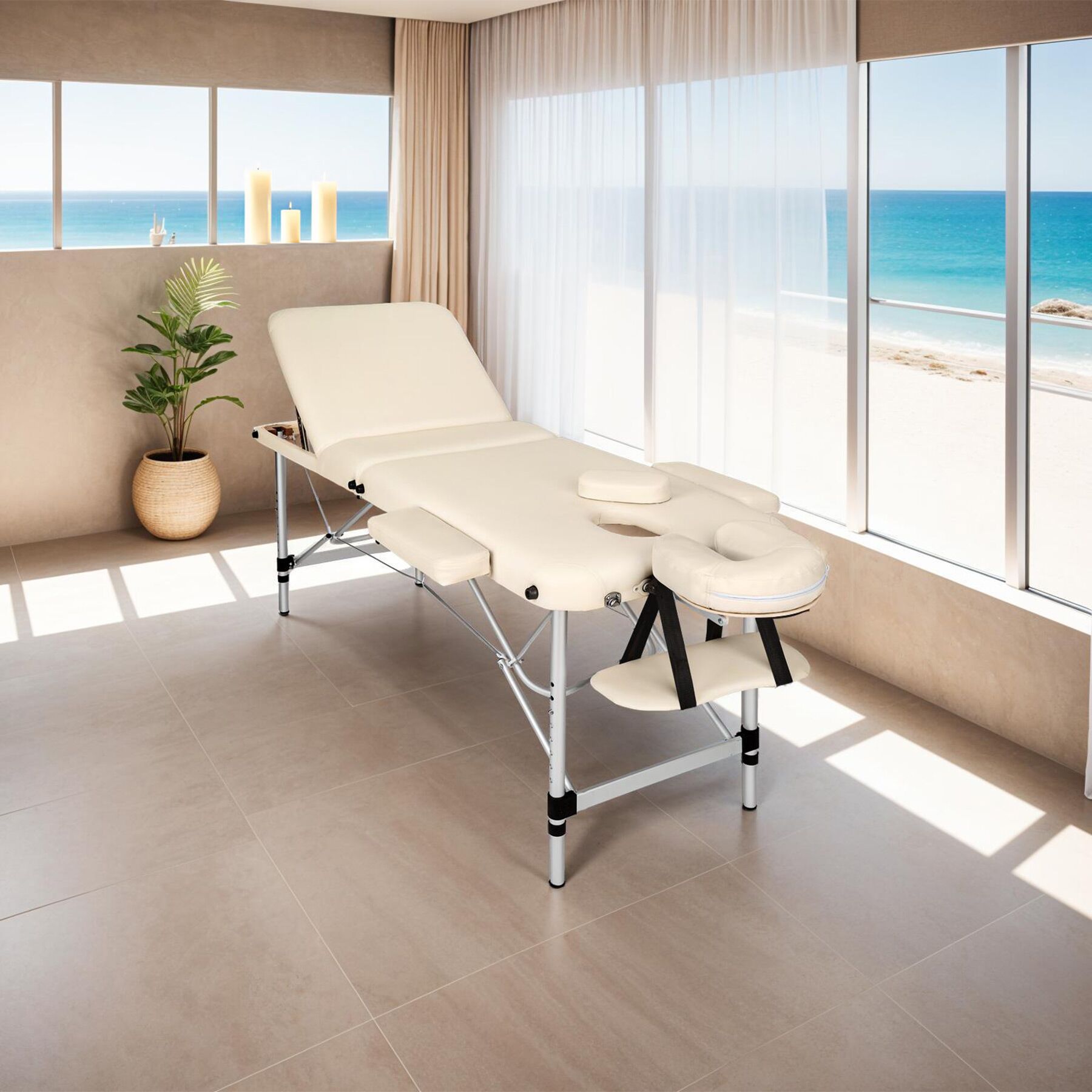 Table de massage en bois, pliante, rembourrage épais, appui-tête amovible, 180 x 61 x 90 cm, beige TECTAKE - 2