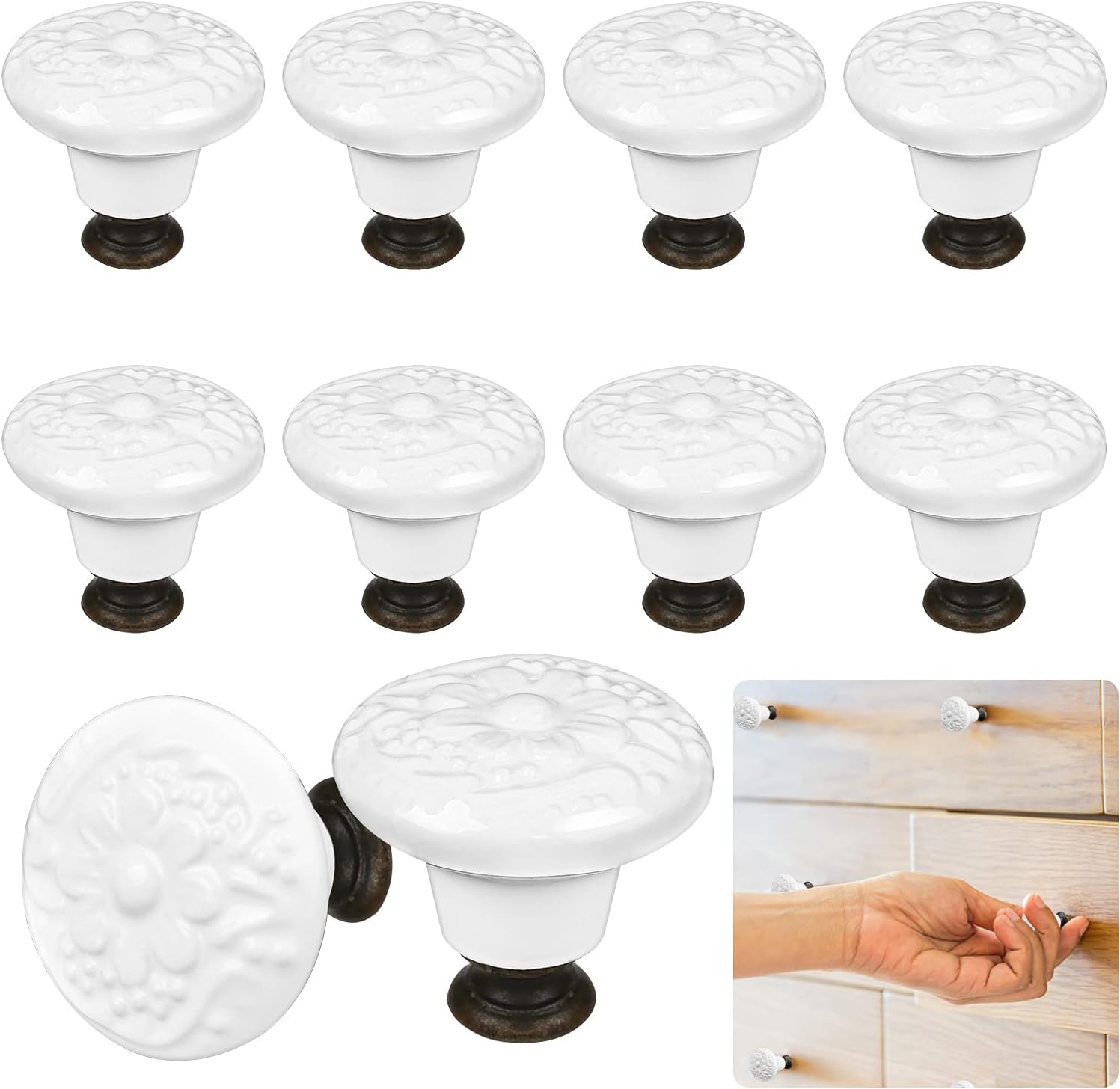 Ceramiczne klamki do drzwi, gałki do szuflad 34 mm, ceramiczne gałki meblowe w stylu kwiatowym w stylu vintage ze śrubami do komody, szafki 12 sztuk