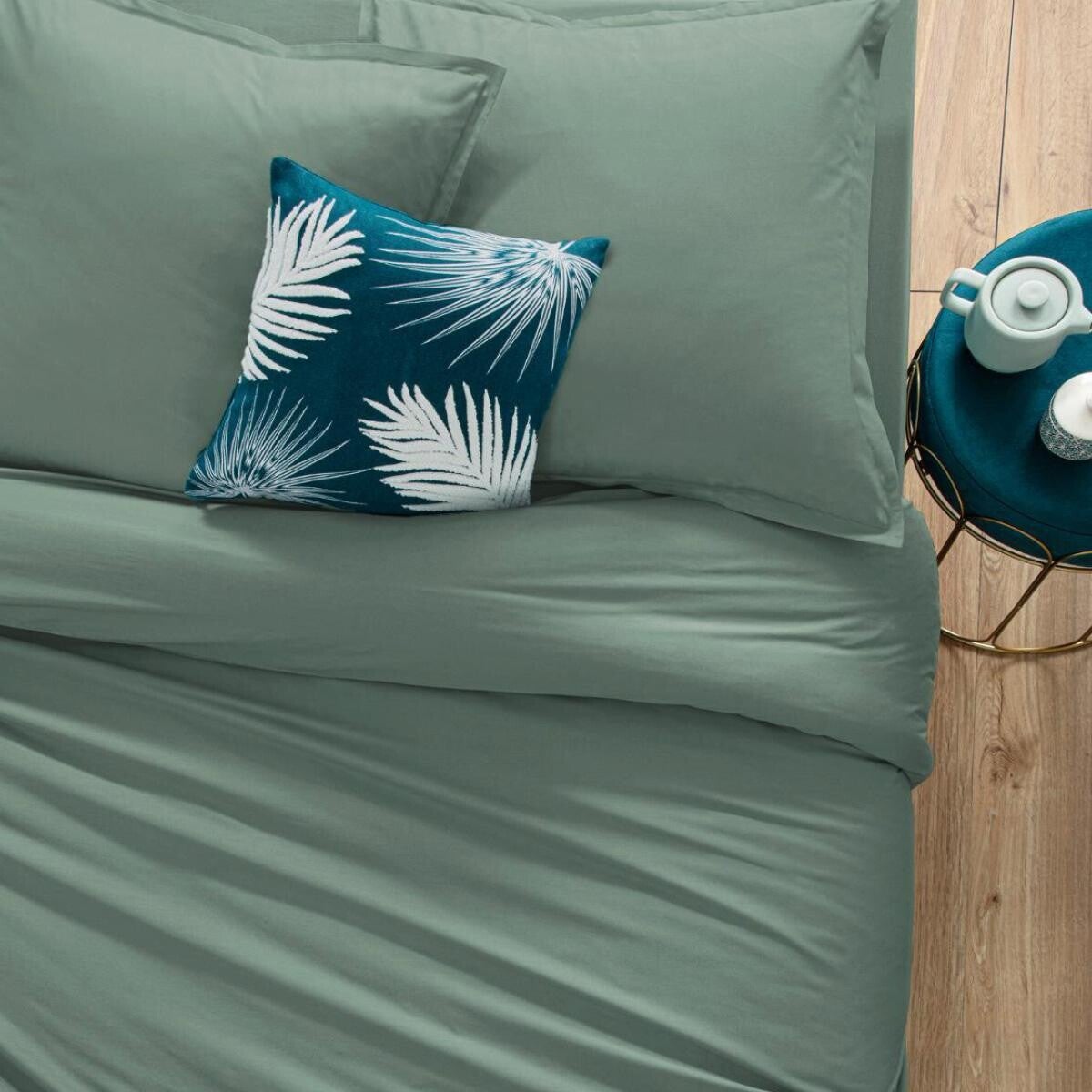 Drap-housse en coton - vert céladon - bonnet H30cm - 160x200 cm - Atmosphera créateur d'intérieur - 2