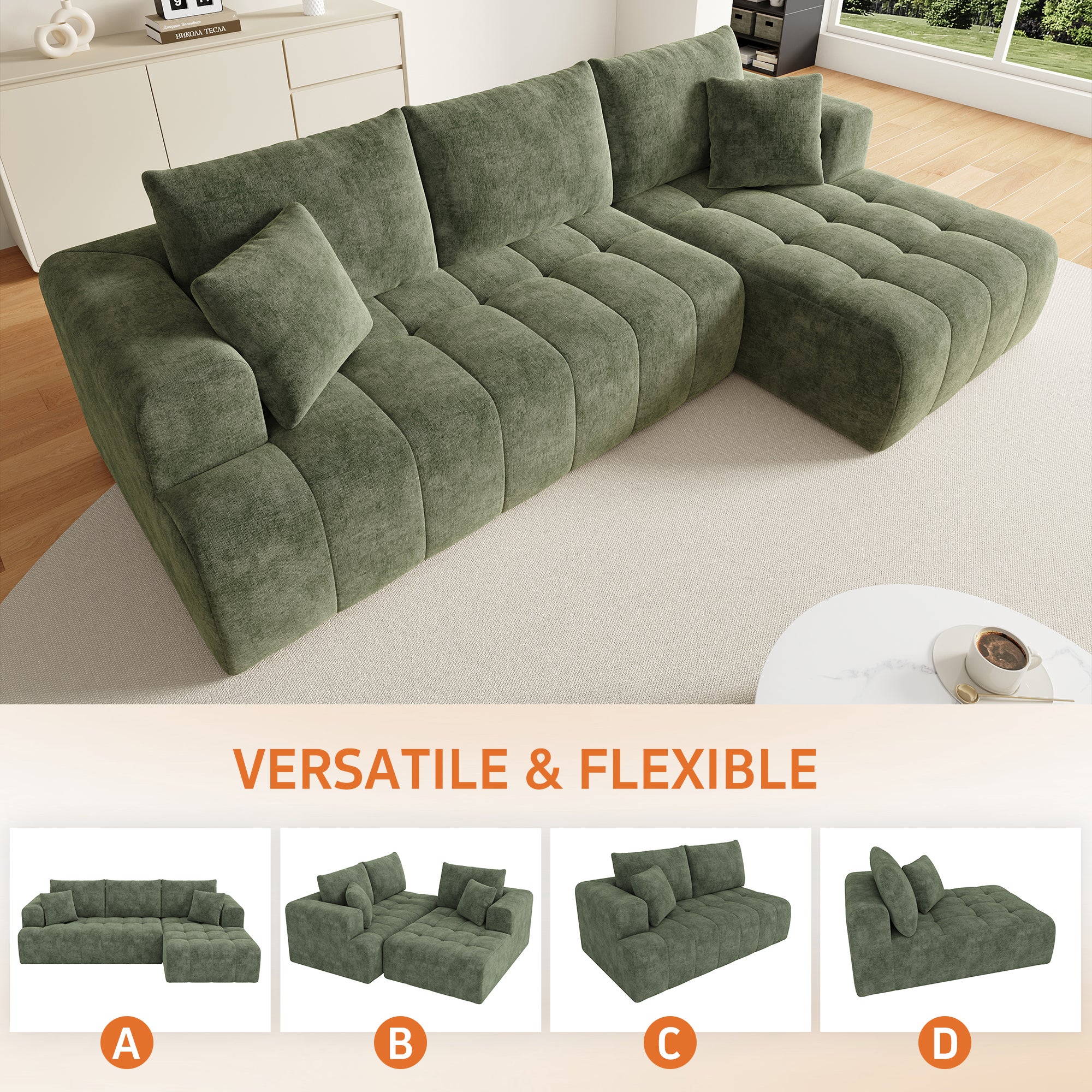 Canapé d'angle modulaire en L 244.5x136x79cm, canapé nuage, tissu chenille confortable, combinable librement,sans montage, vert - 9