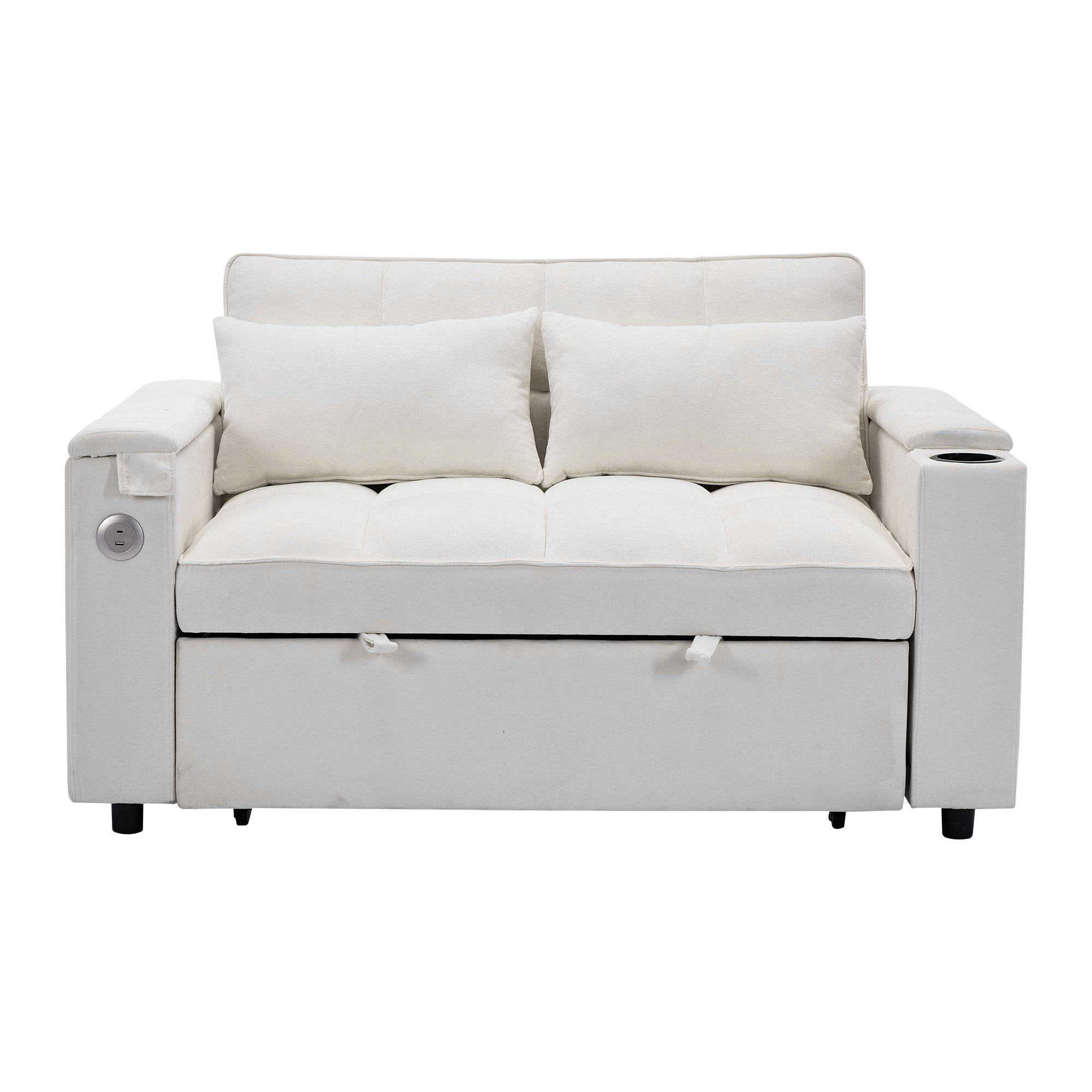 Canapé convertible 2 personnes 140.5x74x82 cm - Dossier réglable - Port USB - Porte-gobelet - Petite table d'appoint - Beige - 8