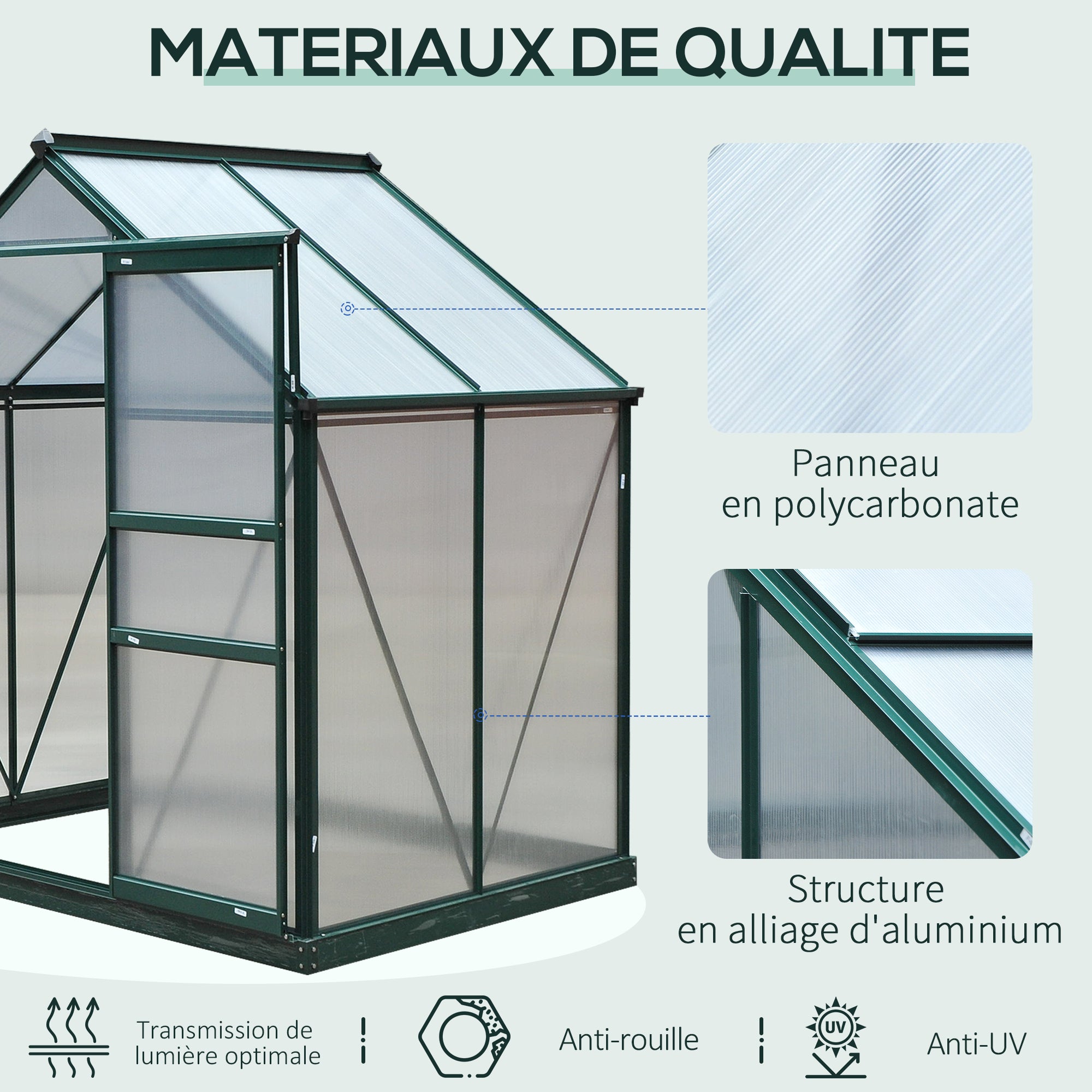 Serre fixe polycarbonate Outsunny 2,51 m² vert foncé - 5
