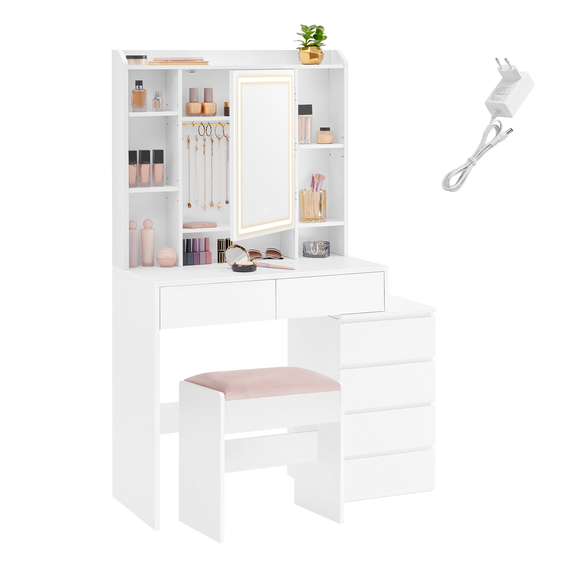 Coiffeuse, Grand Miroir LED à Luminosité Réglable, Compartiments Ouverts, Tabouret, Étagères Réglables, Blanc Nuage - 7