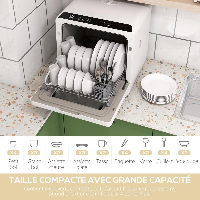Mini lave-vaisselle 4 couverts 6 L 5 programmes 90 min séchage LED tactile compact 45x44x45,8 cm ABS polypropylène blanc - 5