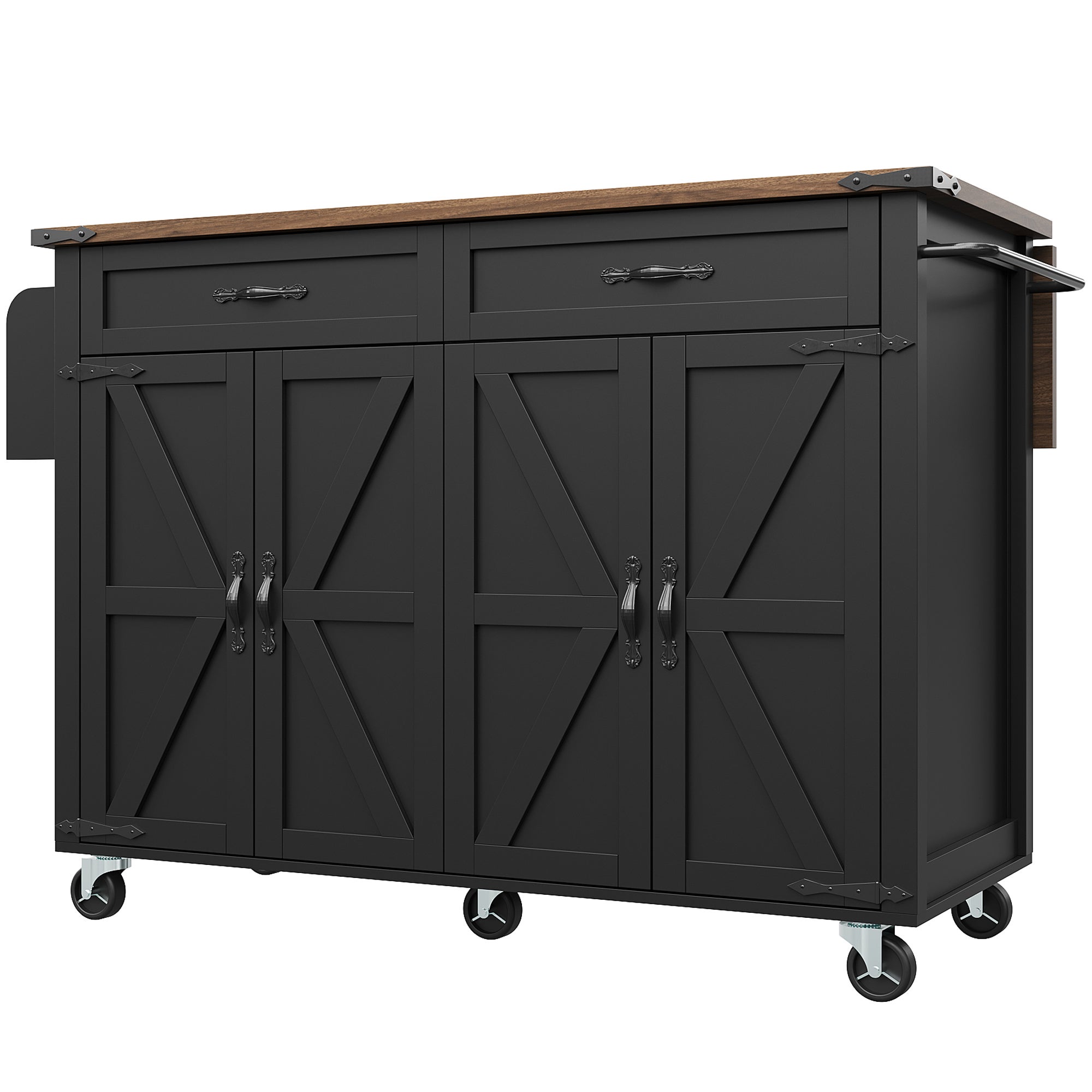 Chariot de cuisine noir avec plan de travail coulissant, îlot de cuisine avec 4 portes et 2 tiroirs, mobilier de salle à manger finition bois - 5