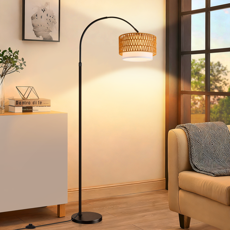 Lampa podłogowa Nettlife w stylu boho z rattanu w kształcie łuku – vintage, ściemnialna z pilotem, żarówka LED E27 9 W, wysokość 165–180 cm, czarna