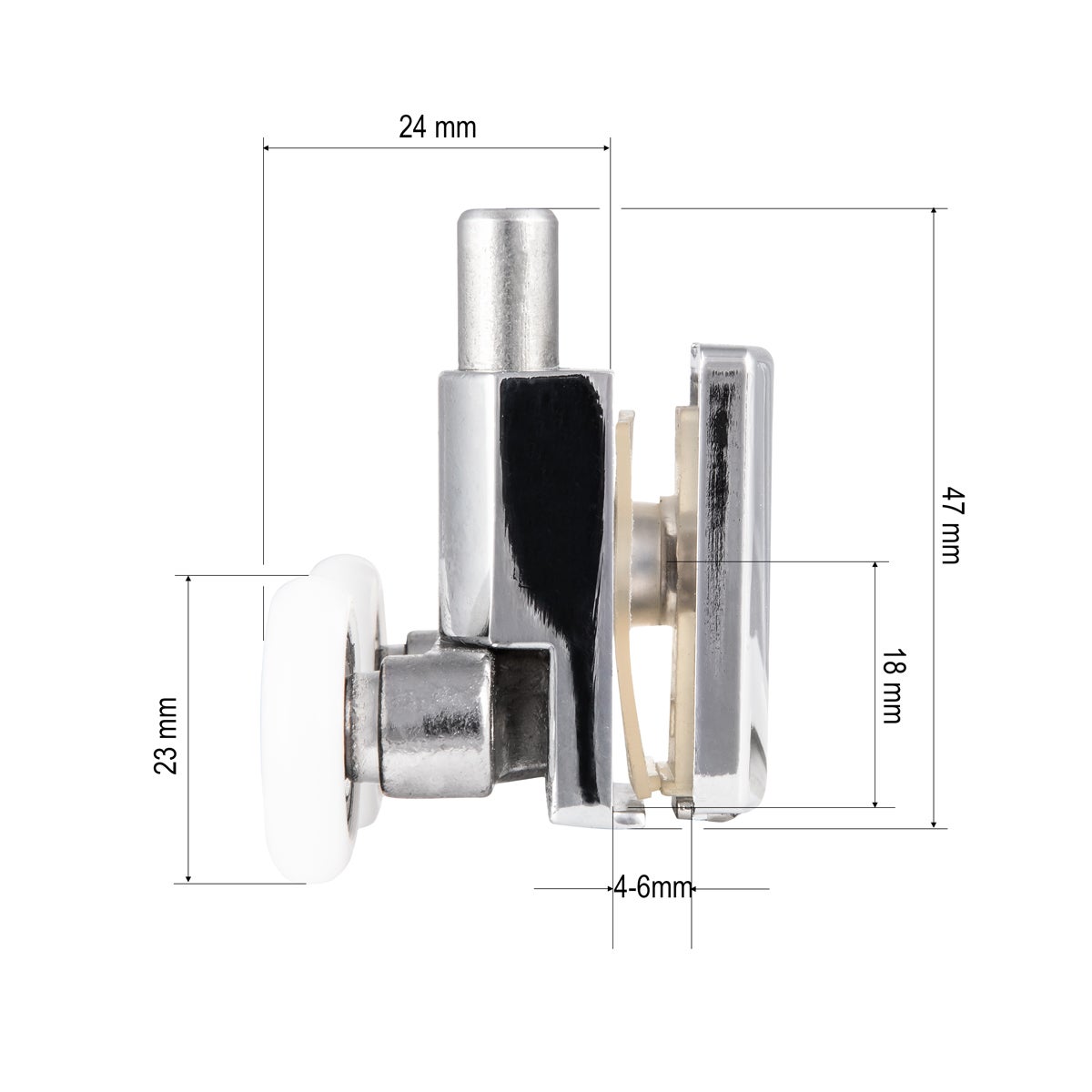 METALOWE ROLKI DO KABINY PRYSZNICOWEJ PODWÓJNE DOLNE 23 MM DO OTWORU 8 MM - 7