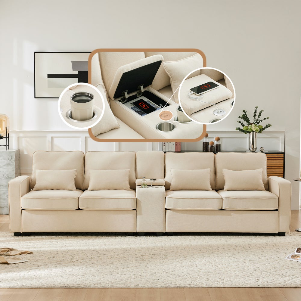 Sofa 4-osobowa, pościelowa, z konsolą, USB, uchwytami na kubki, 4 poduszkami