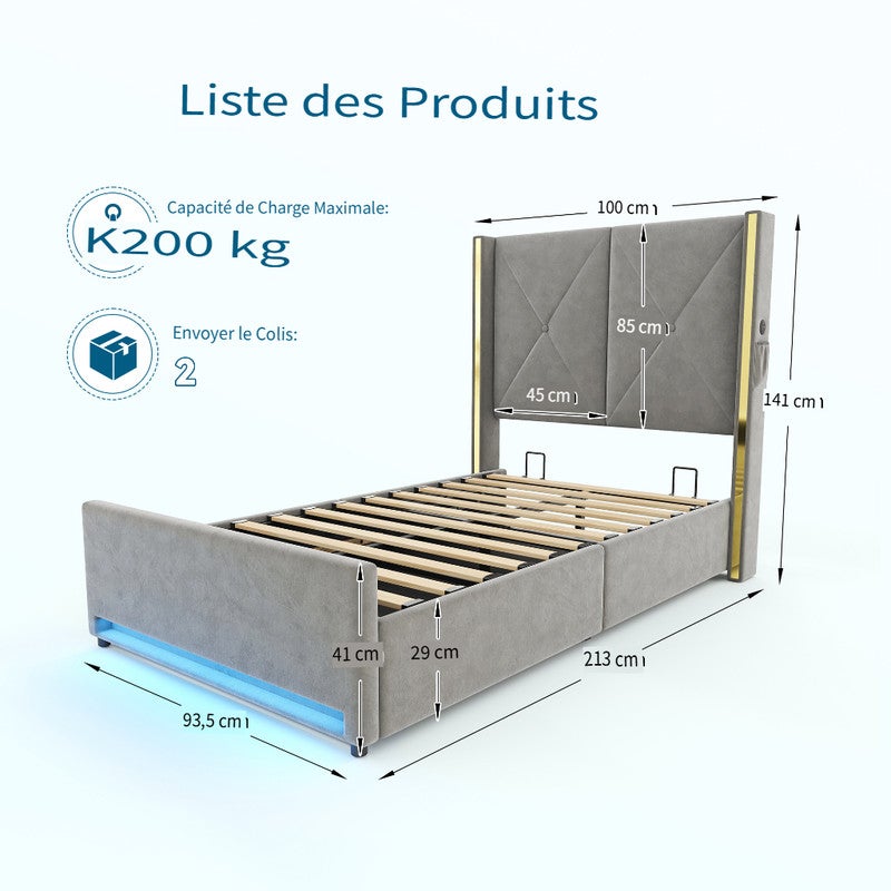 Lit 90x200 avec ports USB et éclairage LED,Lit simple rembourré avec poches latérales,Lit coffre hydraulique,tissu velours,Gris foncé (Sans matelas) - 5