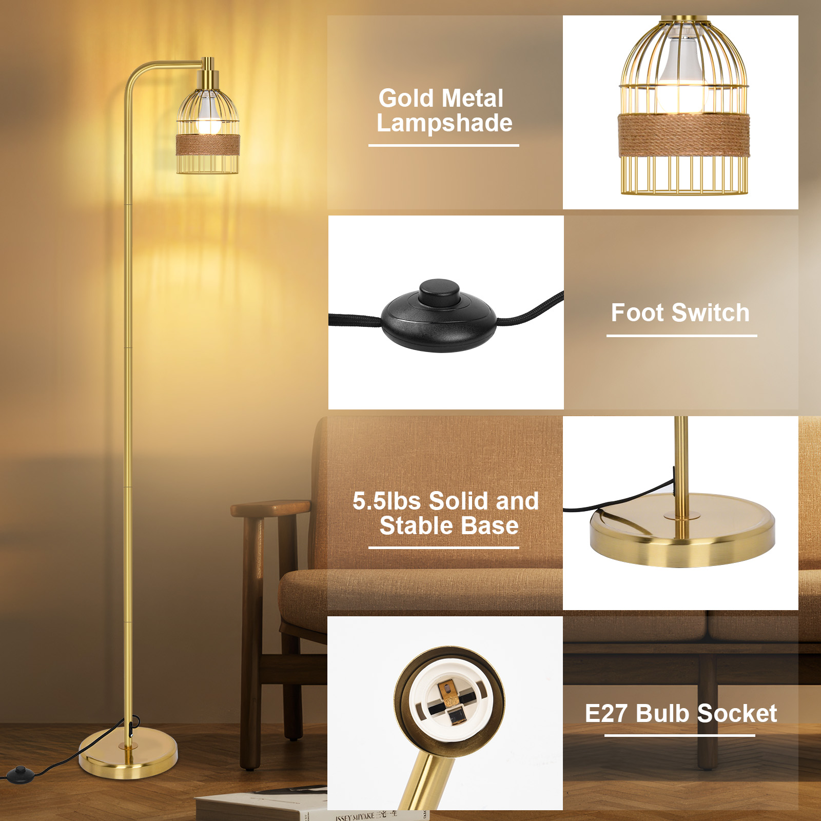 Lampadaire doré industriel – 170 cm, lampadaire sur pied design avec abat-jour en rotin, télécommande & variateur LED pour salon - 3