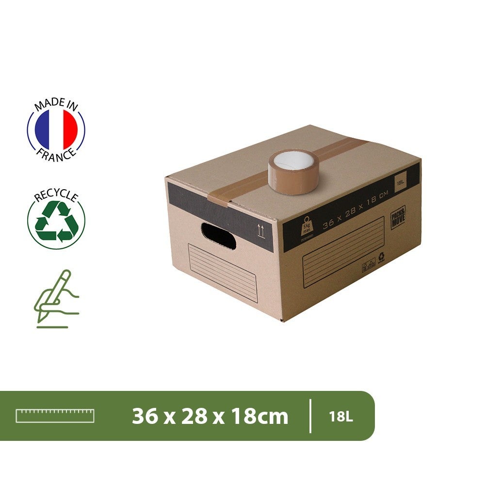 Pack and Move - Lot 20 cartons déménagement stockage S - 36 x 28 x 18 cm - Poignées renforcées - 1 adhésif offert - 2