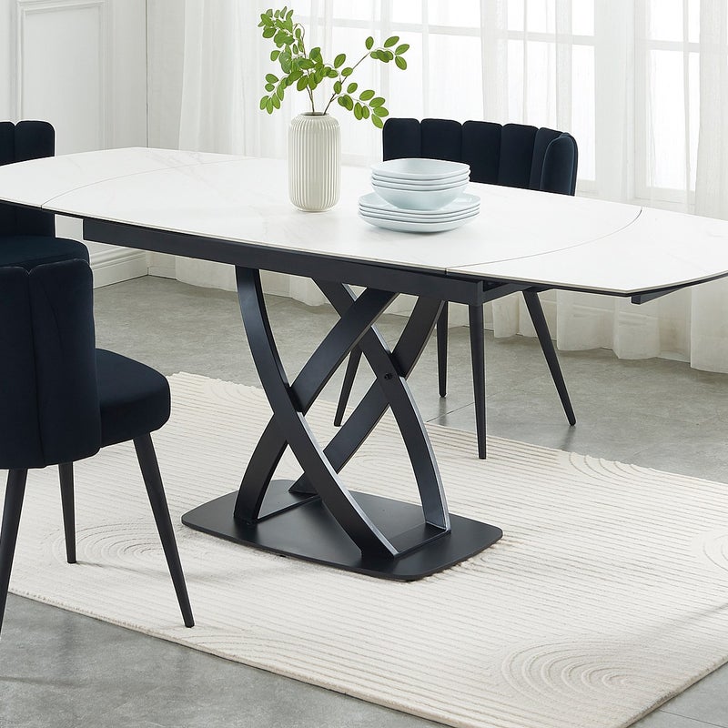 Stół do jadalni rozkładany dla 4 do 8 osób z ceramiki, szkła hartowanego i stali nierdzewnej - Efekt białego marmuru i Czarny - LIOMELI marki Maison C
