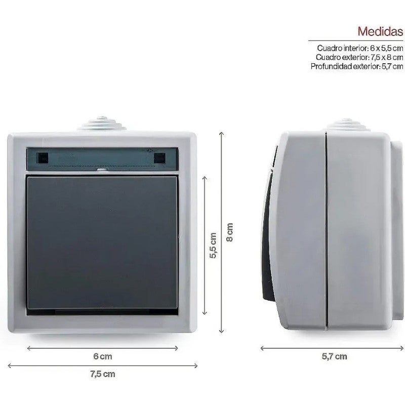 Interruptor Superficie BeMatik Base Estanca IP54 Con Interruptor Conmutador 10A 250V - Para Superficies Interruptor Con Enchufe Pared