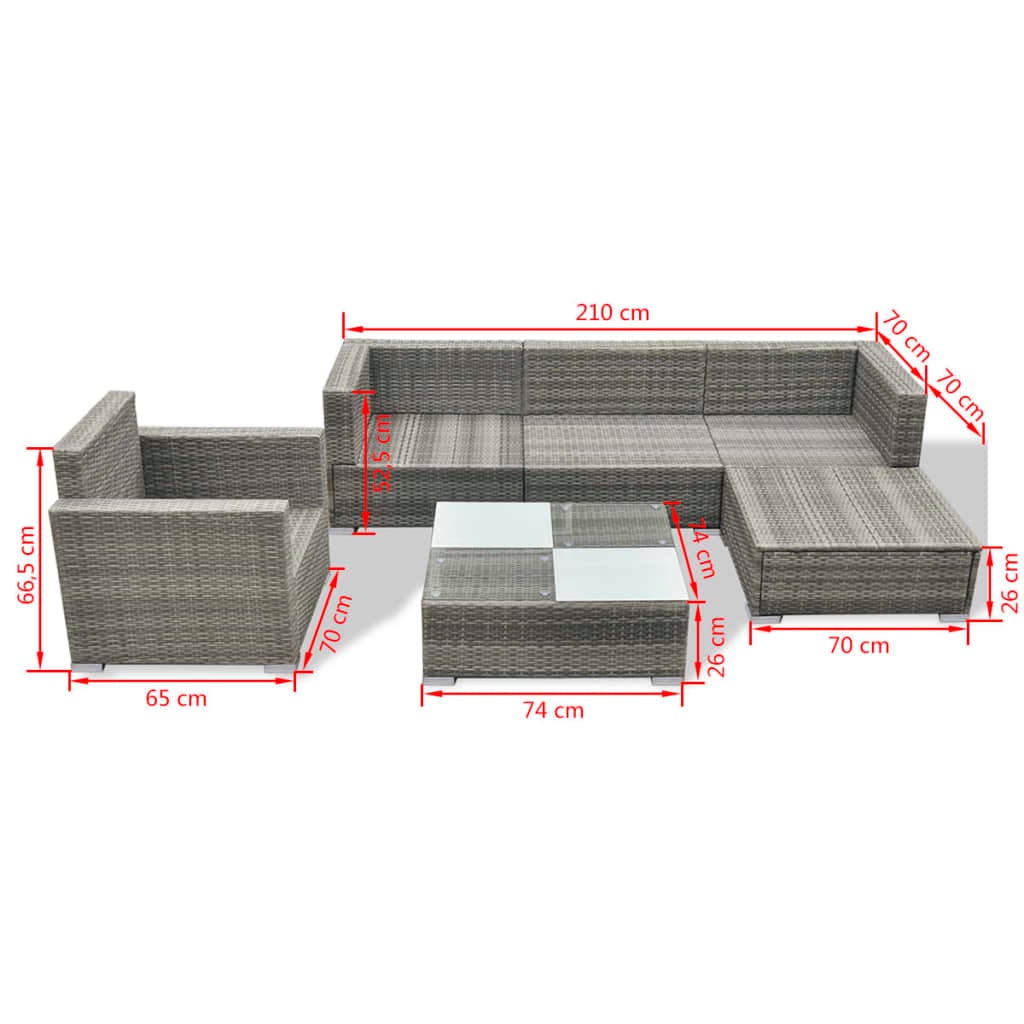 Maison Exclusive - 6 pcs conjunto lounge de jardim c/ almofadões vime PE cinzento - 8