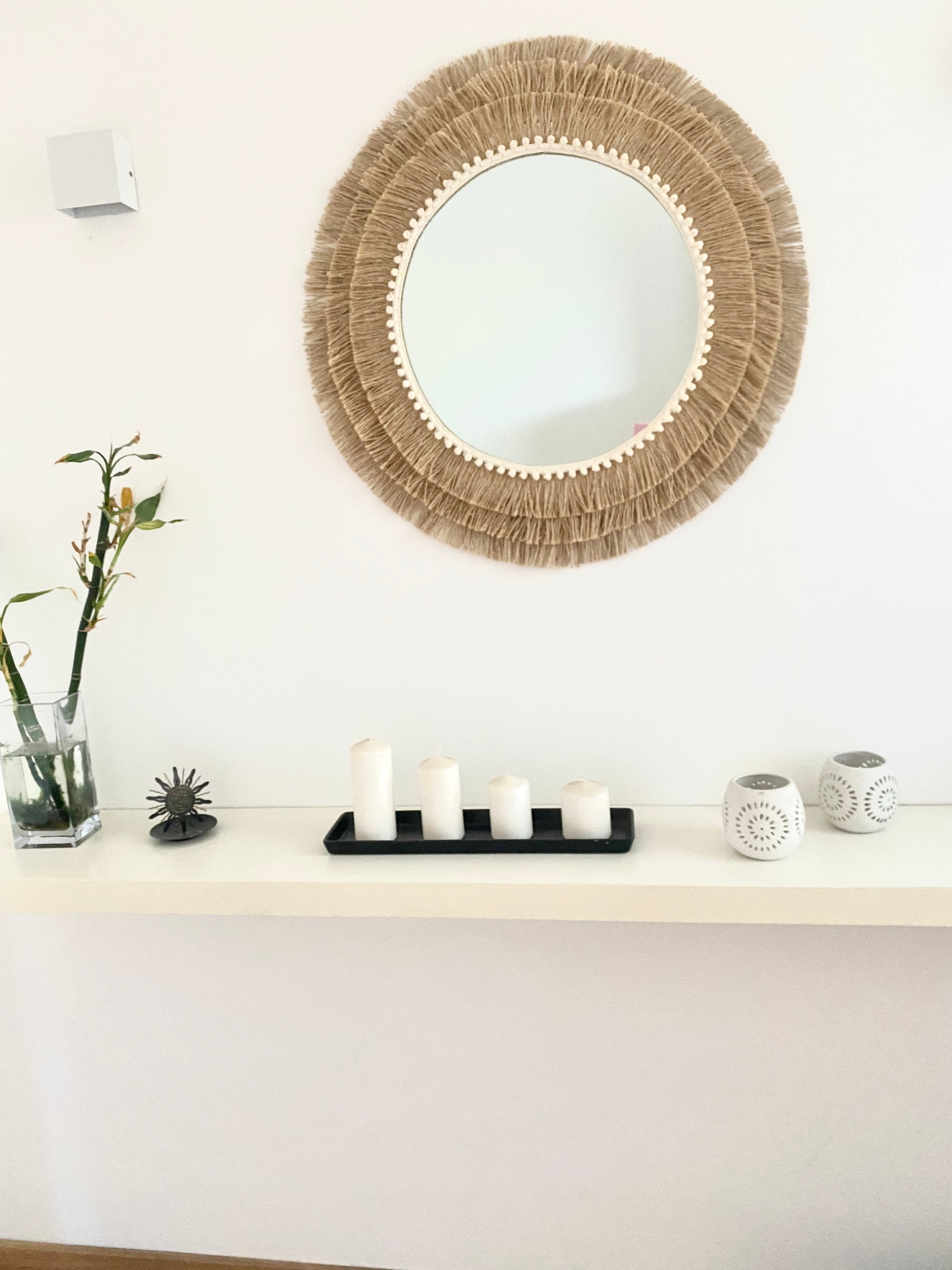 Miroir rond en corde de jute naturelle, franges et fibres naturelles Décoration murale de style ethnique - MIRROR JUTE III BALLS 35cm - 5