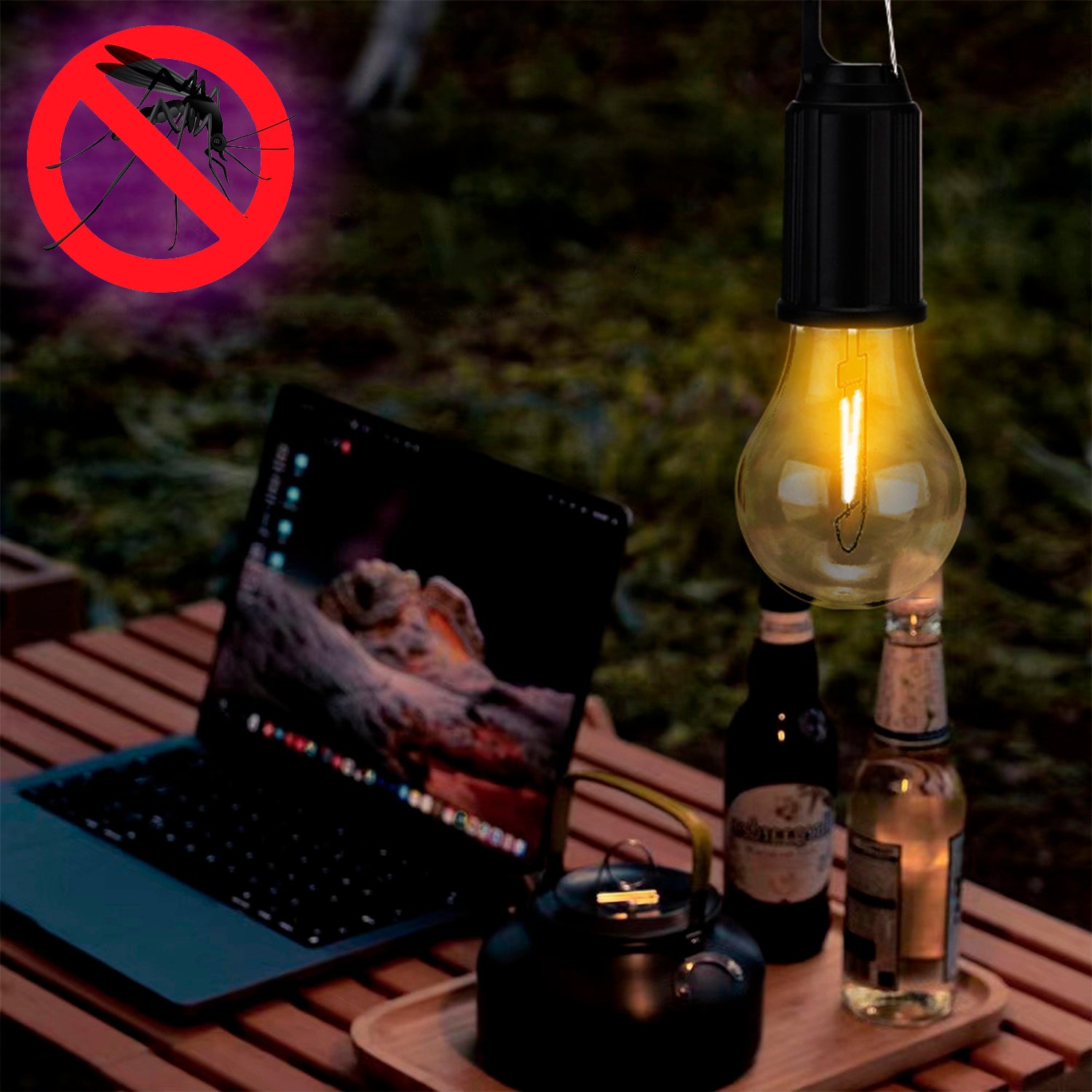 Lampadina LED T01 con carica solare e repellente per zanzare, con gancio per appendere, batteria ricaricabile da 400mAh, 5W. - 4