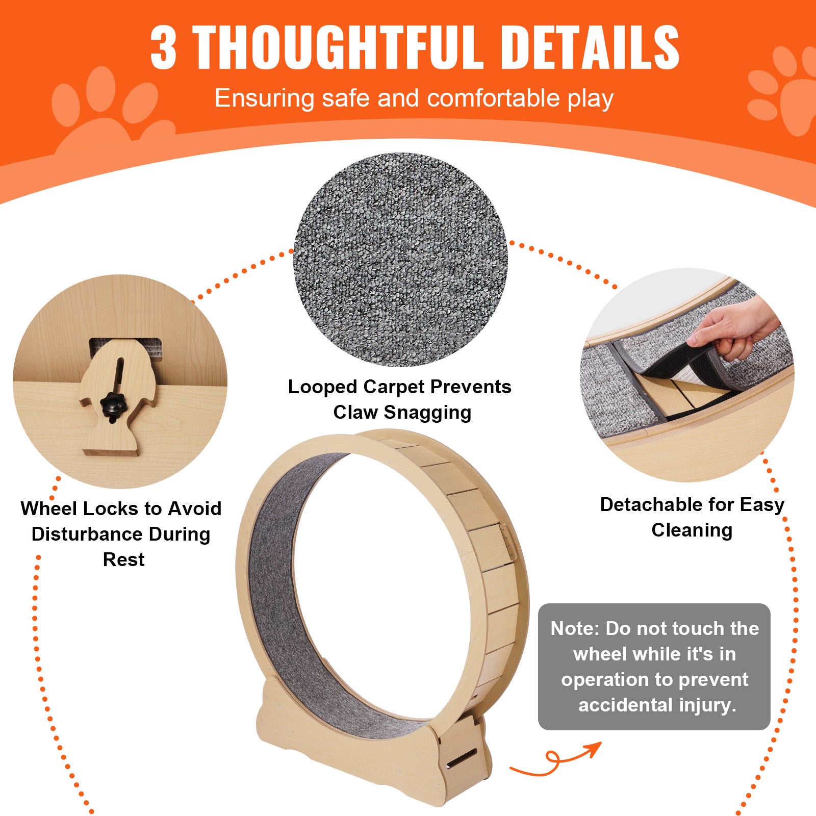 Roue d'exercice en bois pour chat,SucceBuy grande roue tapis roulant de 52 pouces pour chats d'intérieur,roue course avec tapis amovible et teaser - 8