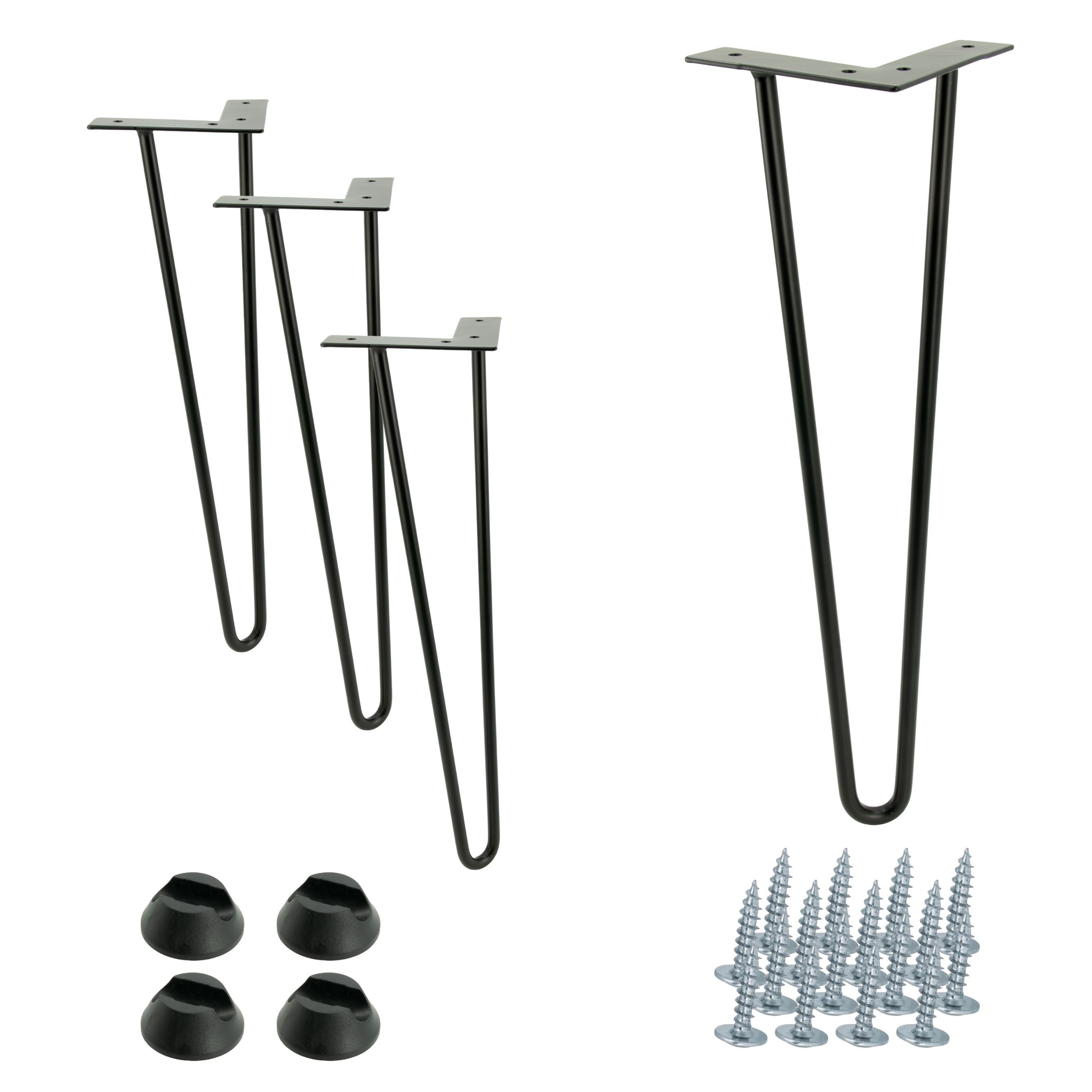 Zestaw 4 nóżek meblowych typu Hairpin, wysokość 41 cm, 2 pręty, kolor czarny ze stopkami plastikowymi