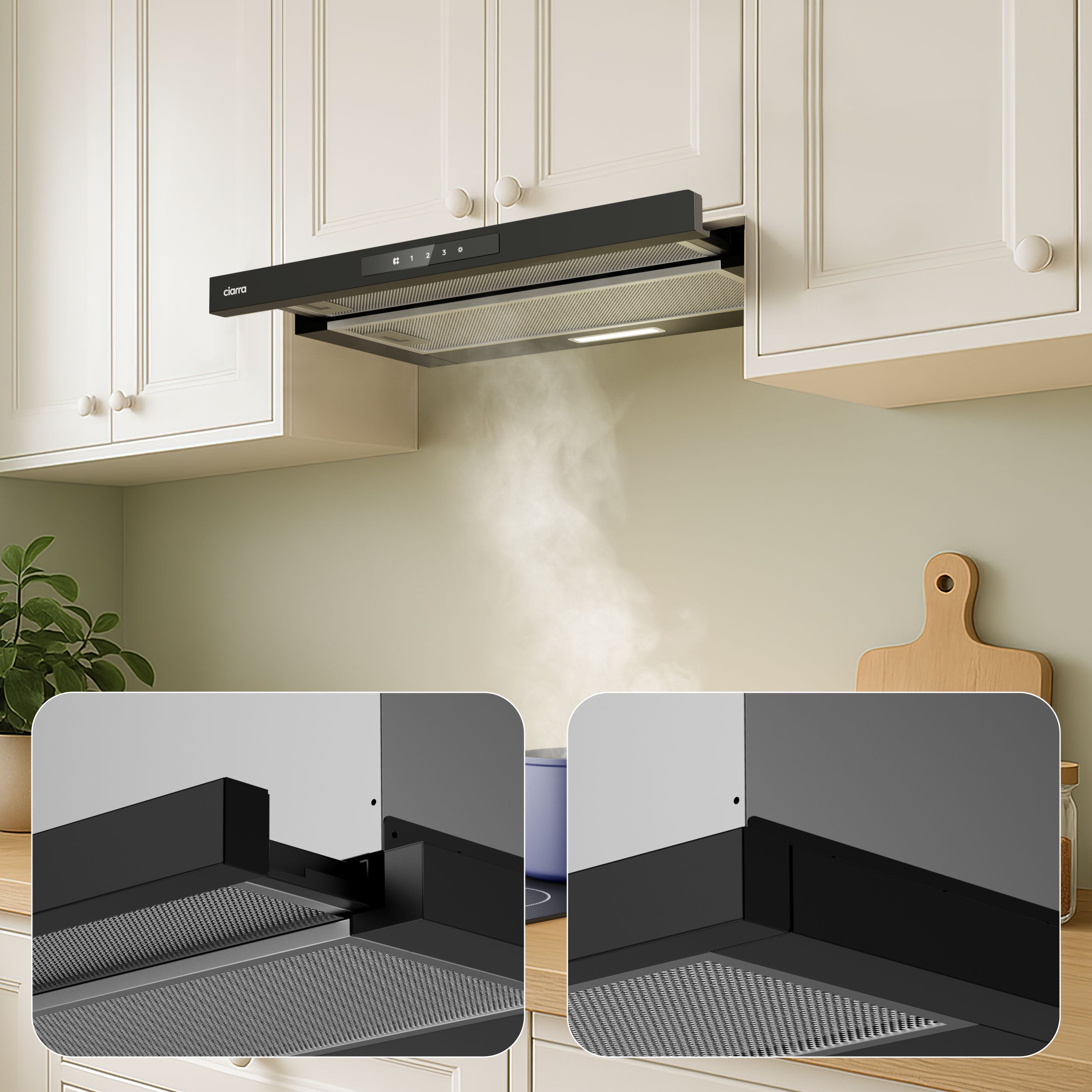 CIARRA Hotte tiroir encastrable 60cm 580m³/h A+ 3 Vitesses Touche Tactile LED Affichage Recyclage et Évacuation Noir CD6909AB - 4