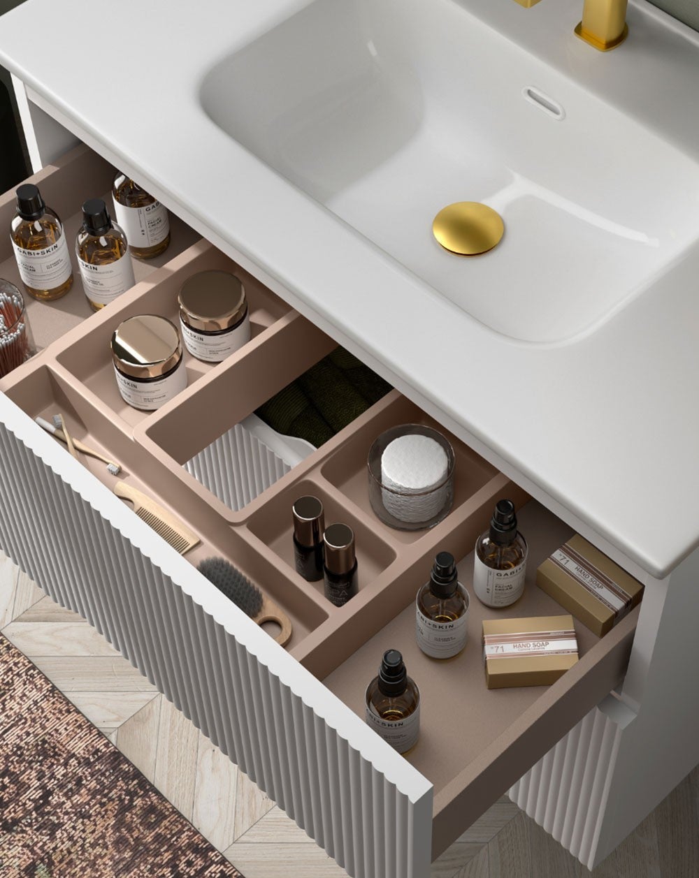 Mobili da bagno a muro con lavandino in ceramica | 2 cassetti con chiusura imbottita e organizzatore | 80 cm Bianco opaco - 3