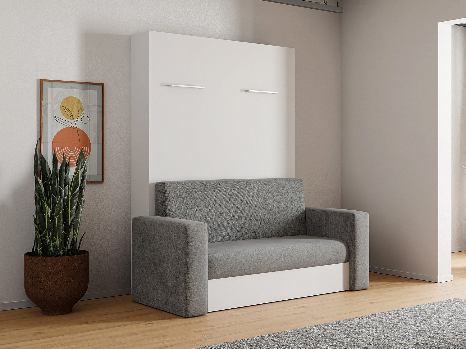 Łóżko chowane w szafie z kanapą 140 x 200 cm - Manualne otwieranie pionowe - Biały i szary + Materac - VACIALA II