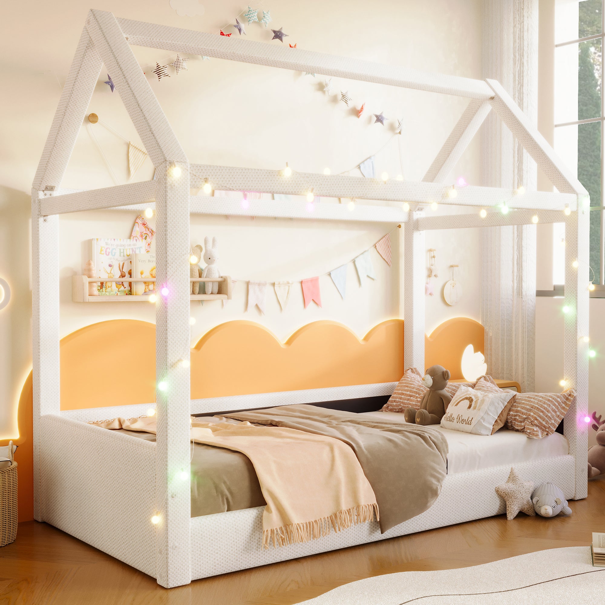Lit cabane enfant 90x200cm,Lit au sol Montessori en bois,bandes lumineuses LED, sommier à lattes inclus,barrières de sécurité,Beige - 2