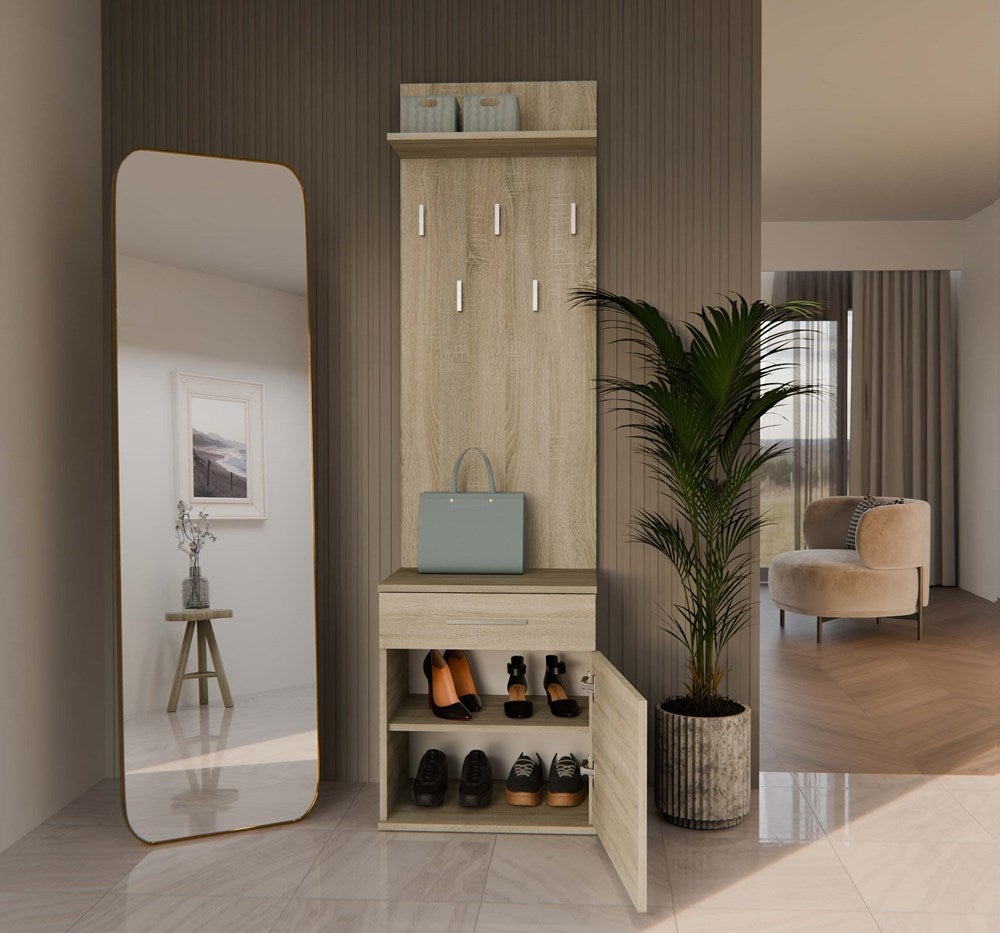 VIONI - Armadio guardaroba ingresso - Appendiabiti a parete con ripiano - 5 ganci - Cassetto + contenitore - 8