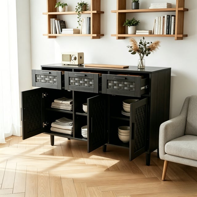 Buffet de Cuisine 3 portes grillagées en rotin 3 Tiroir 108 x 40 x 80 cm,pour cuisine,salon,Table d'appoint vintage,Meuble de cuisine bois,Noir