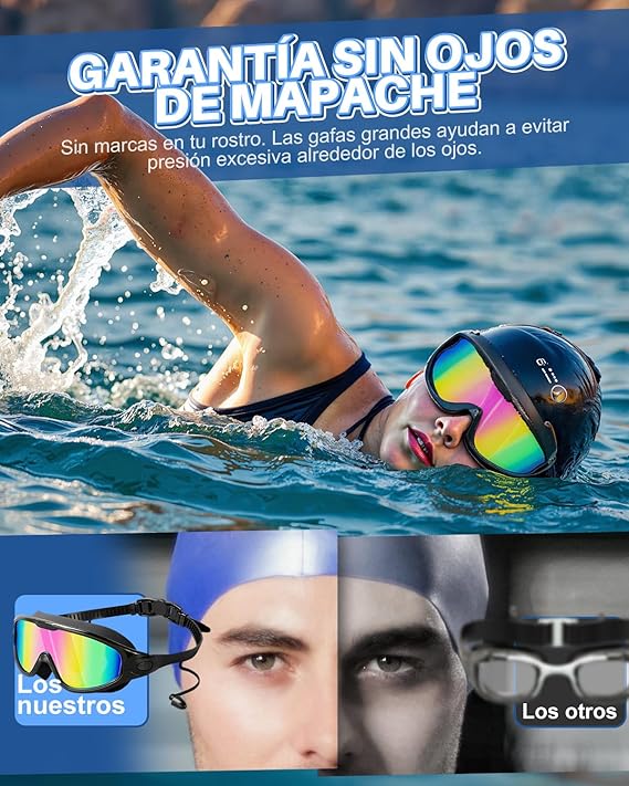 Lunettes de natation antibuée protection UV sans fuite réglables avec pont nasal souple pour adultes contenant bouchons d'oreilles - 3
