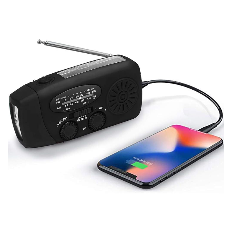 Radio pogodowe zasilane energią słoneczną, AM/FM/WB, z korbką, do przetrwania, latarka LED, powerbank 2000 mAh (czarne).