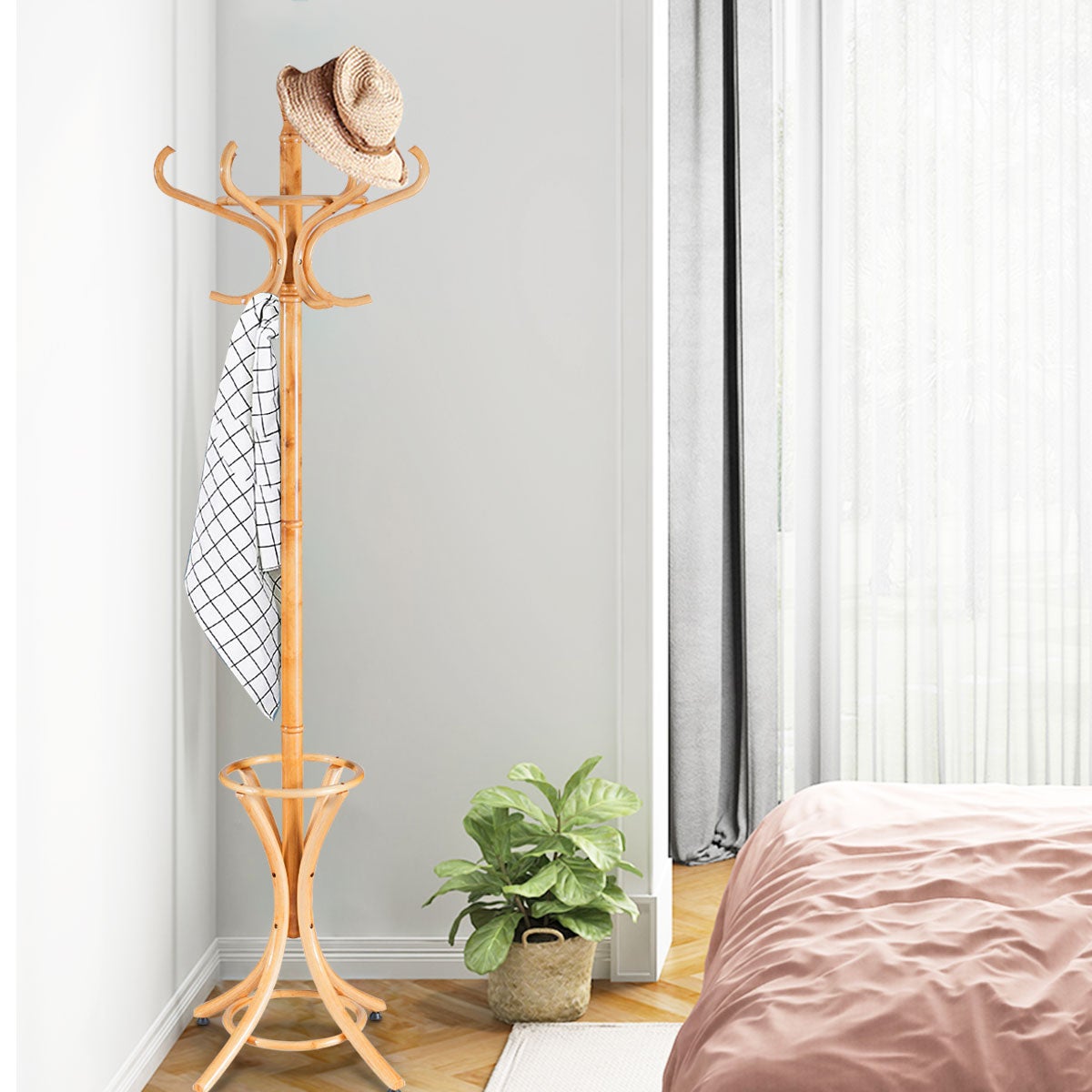 Porte-Manteau sur Pied avec 12 Crochets en Bois Massif pour Manteaux Chapeaux Parapluie 51 x 51 x 184CM Bambou - 10