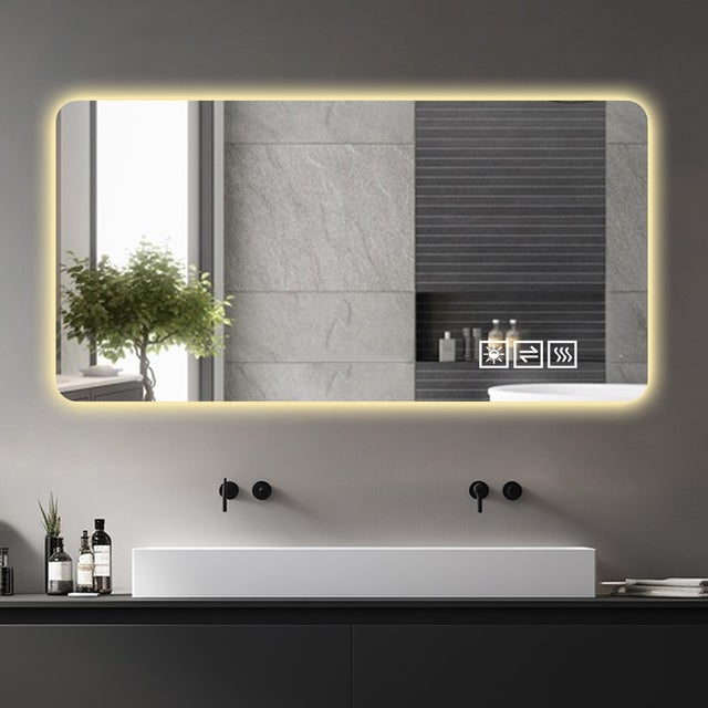 Miroir LED tactile 120x60 cm, 3 températures de lumière, en verre+métal, argent