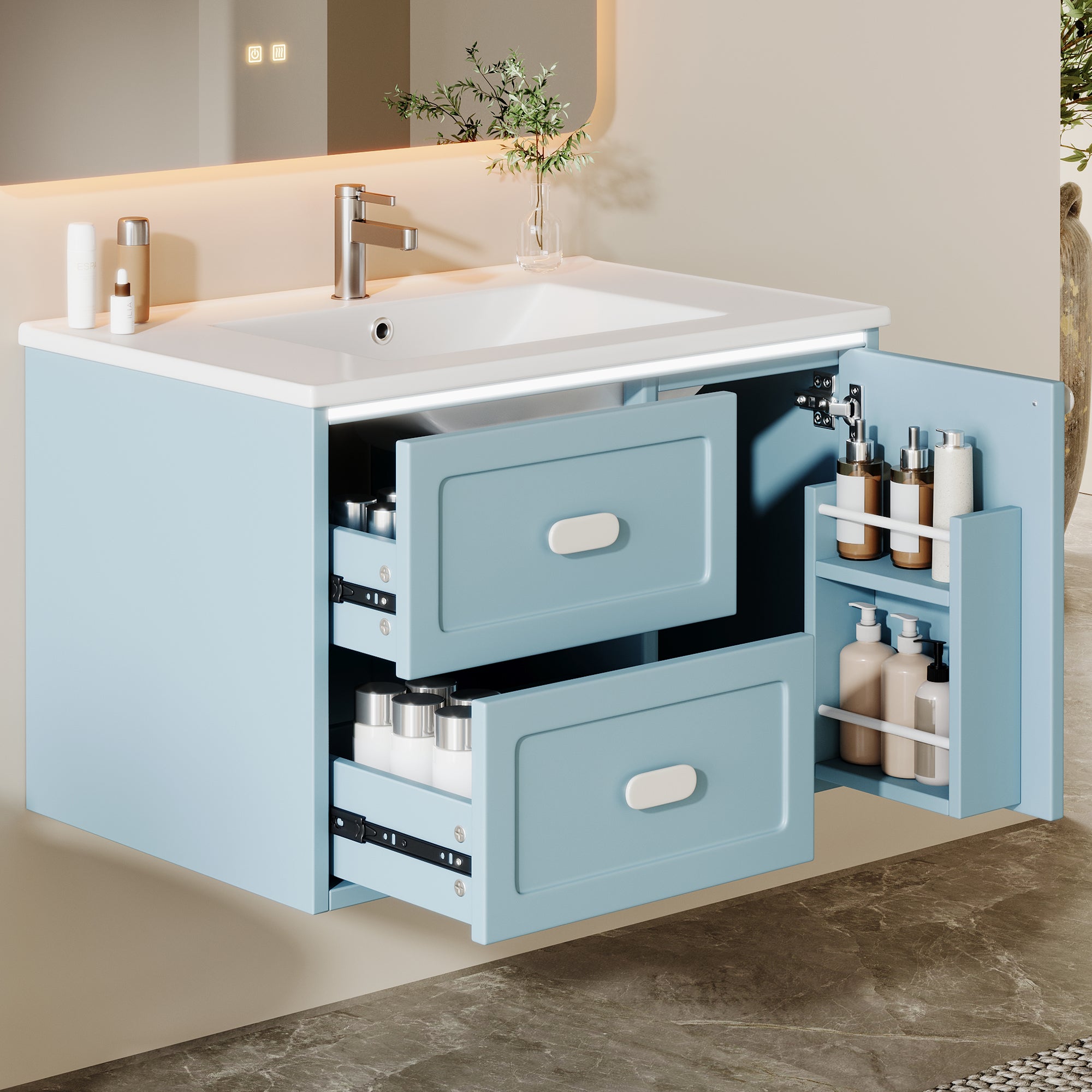 Szafka łazienkowa wisząca - pojedyncza umywalka ceramiczna, 1 drzwi i 2 szuflady - 76 x 46 x 51 cm - płyta MDF - diody LED - lakier niebieski