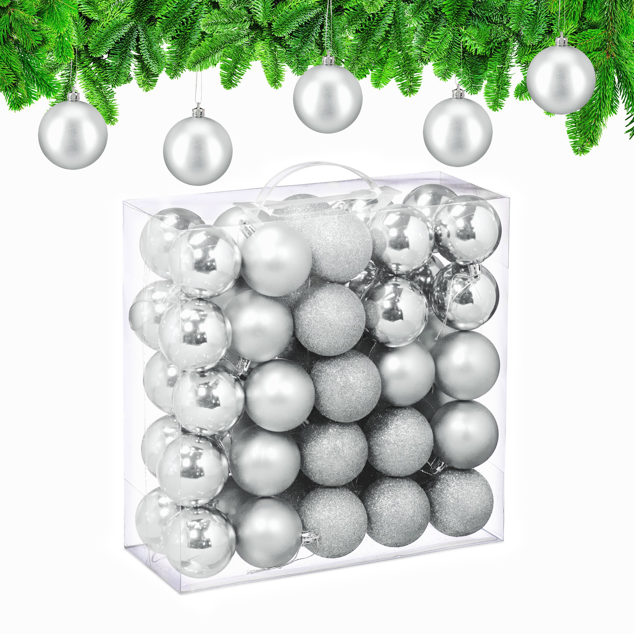 Lot De 50 Boules De Noël Argentées – 6 Cm – Déco Sapin Brillante Et Pailletée - 6