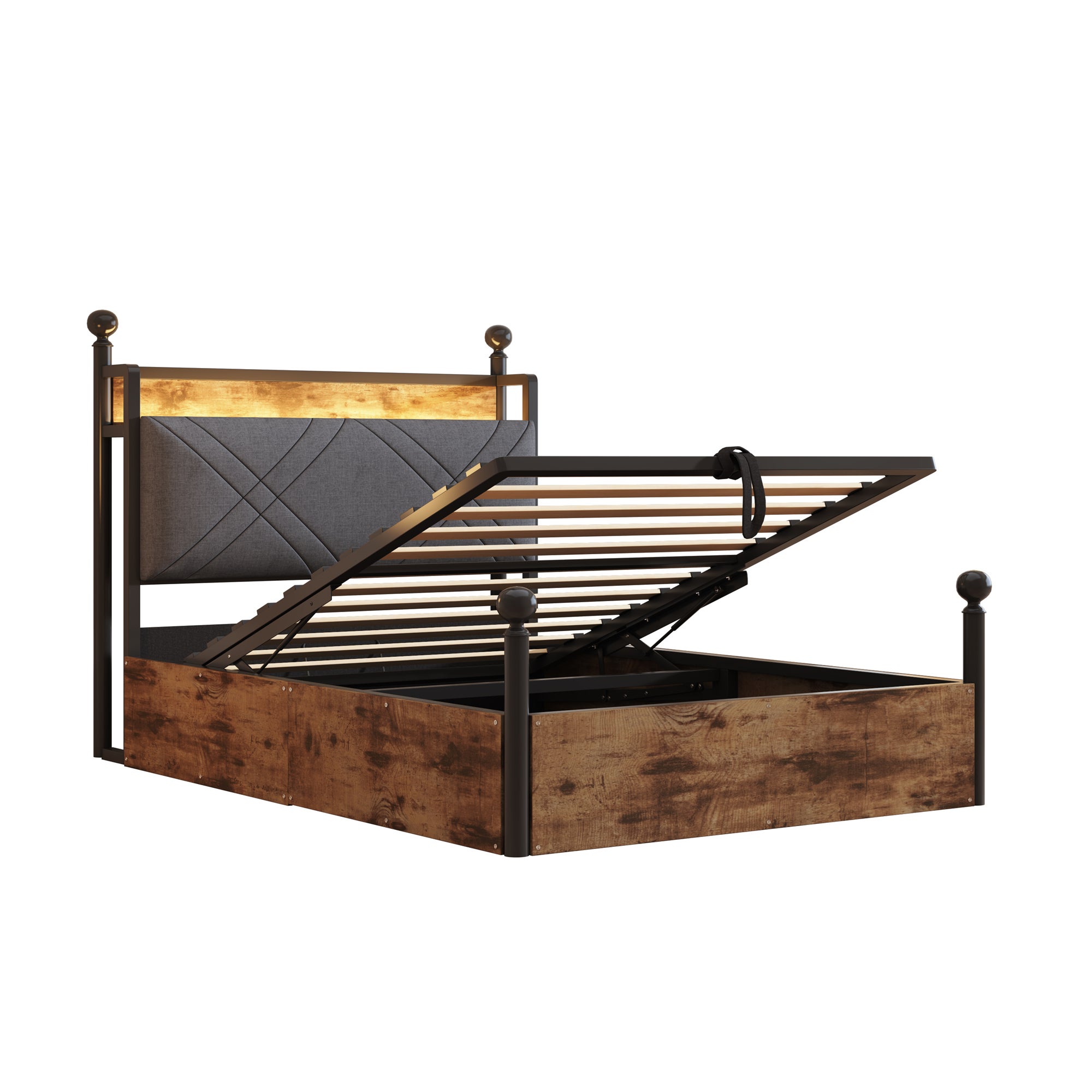 Lit coffre 90x190cm Métal Noir, Rangement Hydraulique, Lit simple&nbsp;capitonné avec LED, Prises USB/Type-C, Cadre de lit en bois (Sans Matelas) - 7