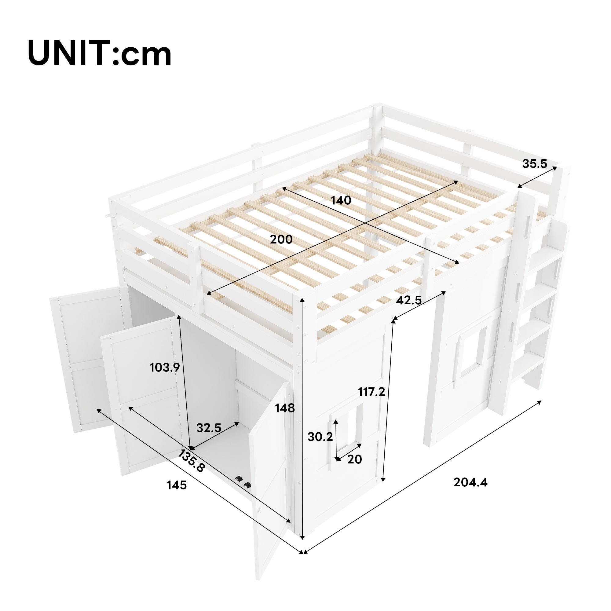 Lit mezzanine 140 x 200 cm avec armoire et 2 fenêtres - MDF + pin - LEDs - Blanc (Sans matelas) - 5