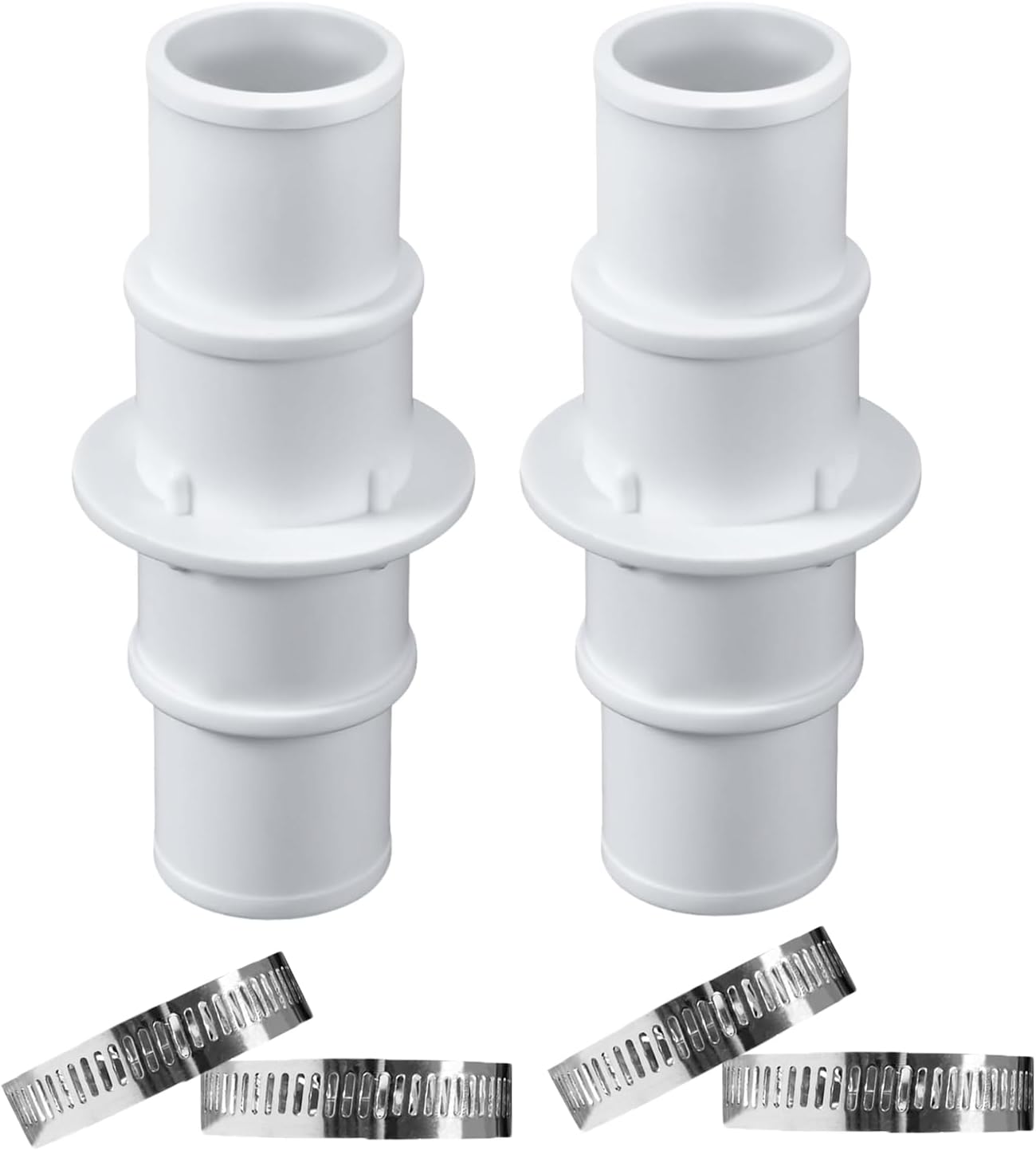 Złączki do węży basenowych, proste z przyssawkami, do basenów 1-1/4" i 1-1/2", opakowanie 2 szt. z 4 zaciskami do węży