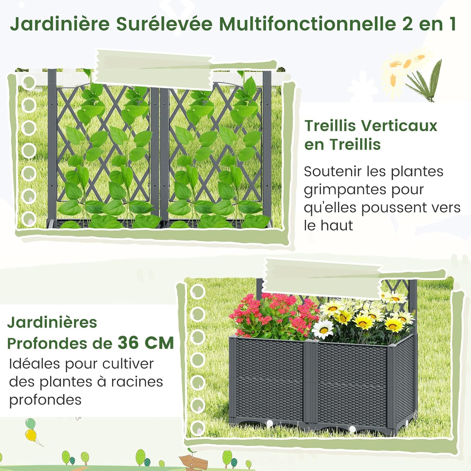 Jardinière avec Treillis sur Pied, Double Bac de Plantation Auto-arrosage en Rotin PP avec Trou de Drainage, Fleurs, Gris, 80 x 40 x 140 cm - 4