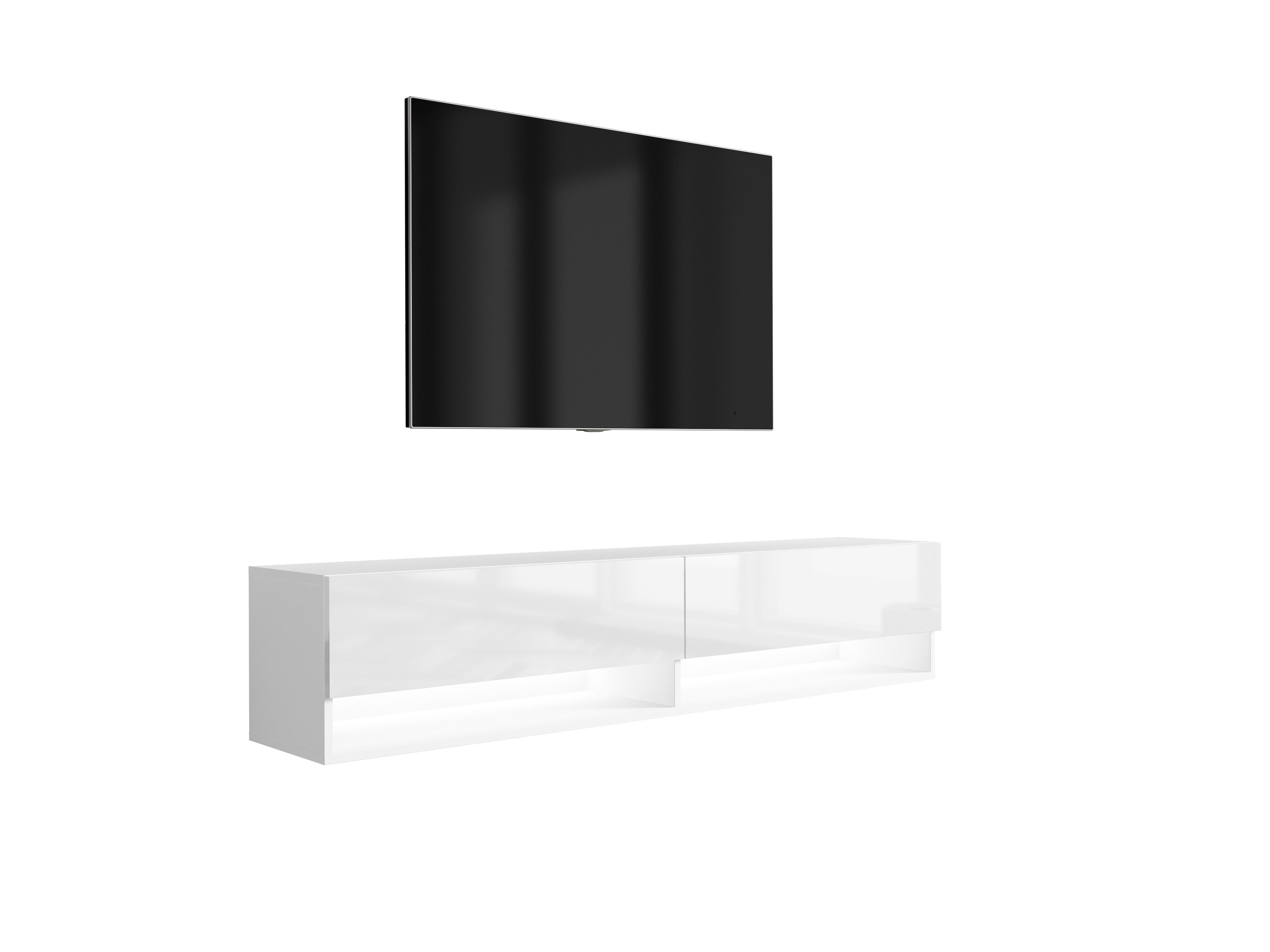 Szafka RTV : Biały Mat / Biały Połysk, LED biały, 170 × 32 × 34 cm