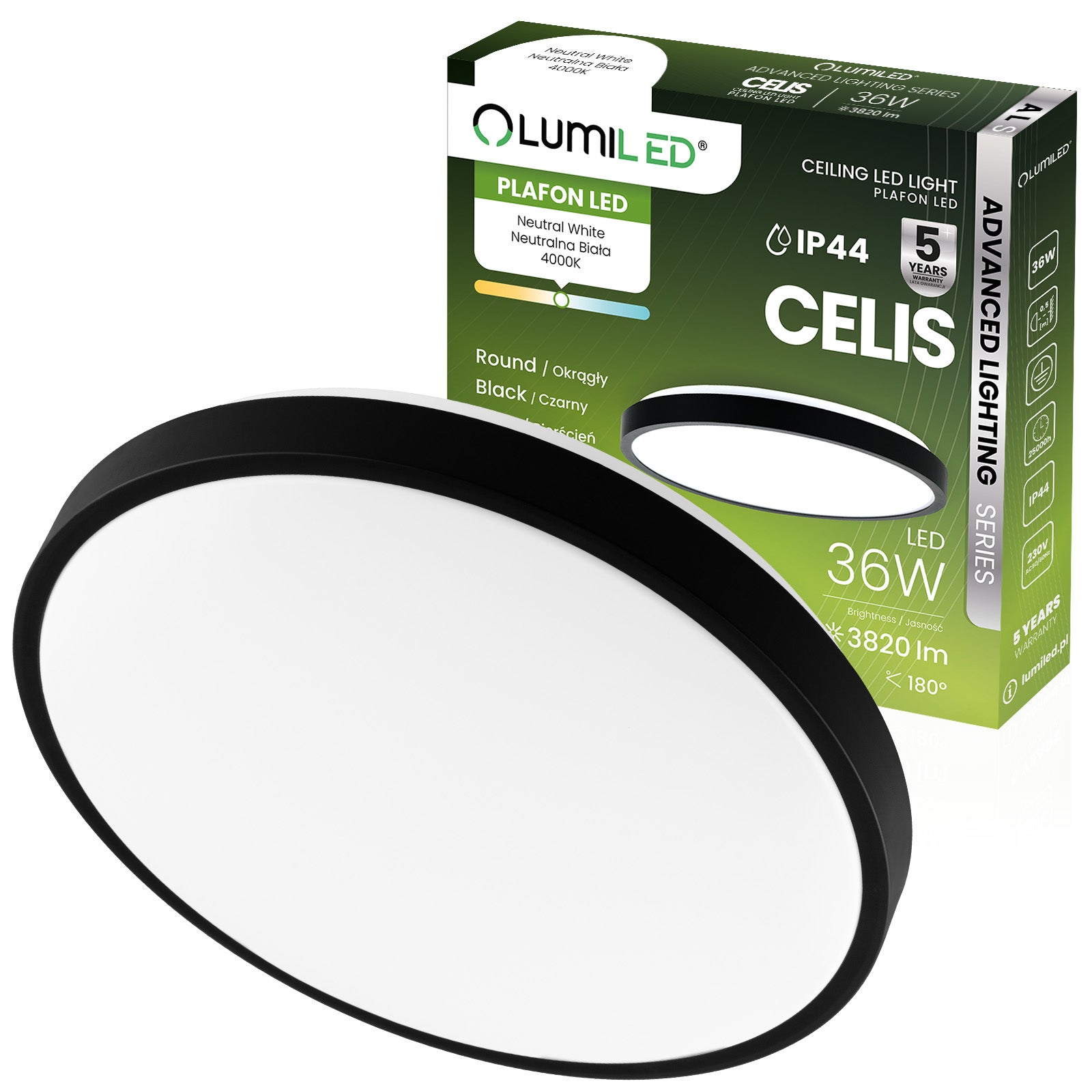 Plafon LED Lumiled Lampa Sufitowa Natynkowa 36W 4000K Neutralna biel Okrągły IP44 Czarny 1 szt.