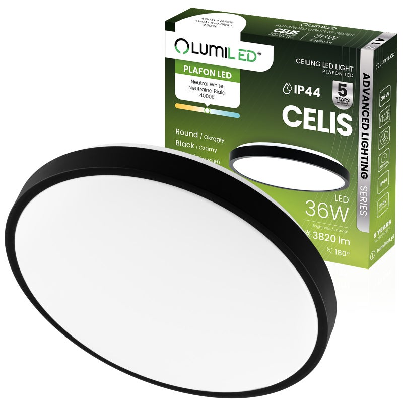 Plafon LED Lumiled Lampa Sufitowa Natynkowa 36W 4000K Neutralna biel Okrągły IP44 Czarny 1 szt.