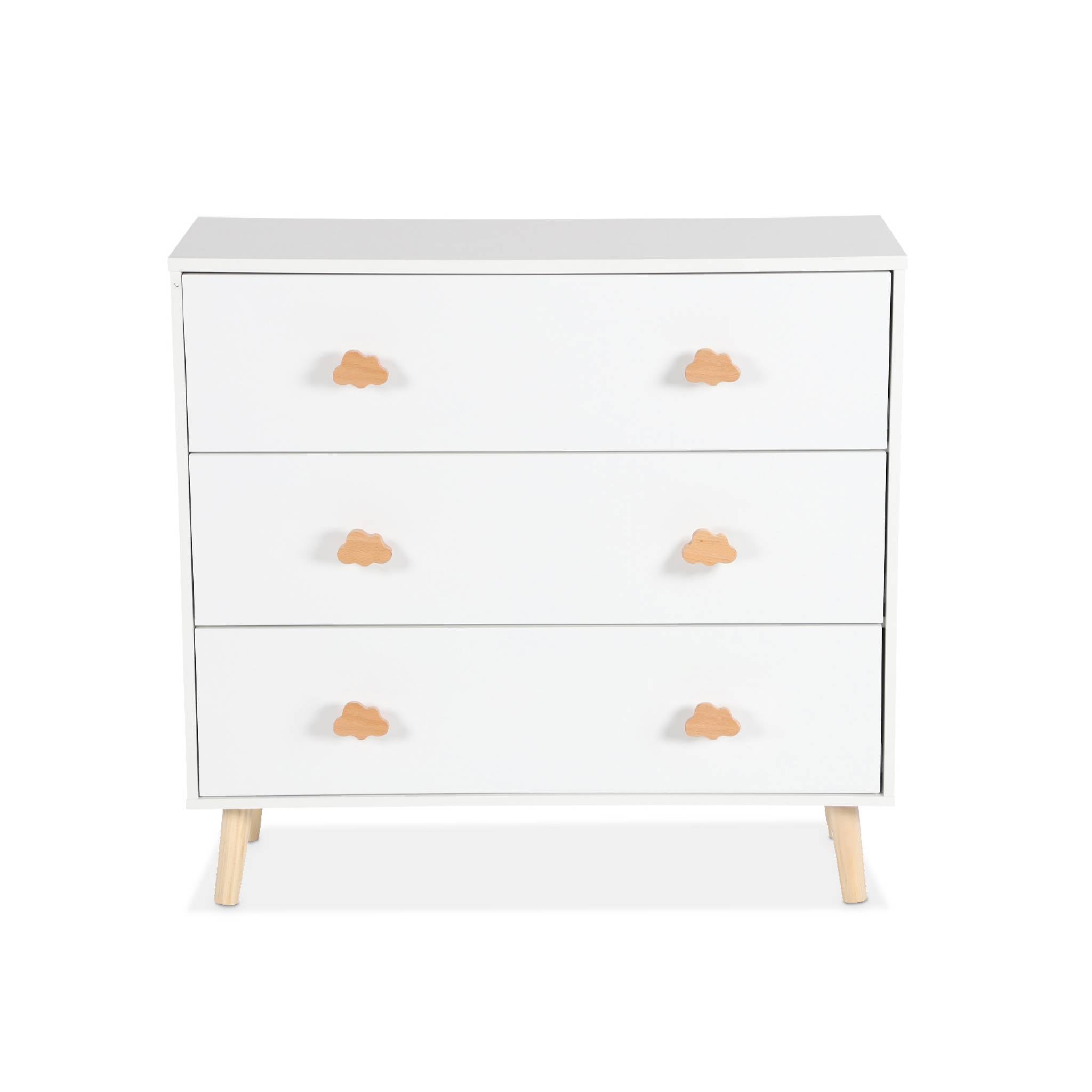Commode enfant. décor bois. blanc. 3 tiroirs. pieds et poignées nuage en pin NEPHOS - 7
