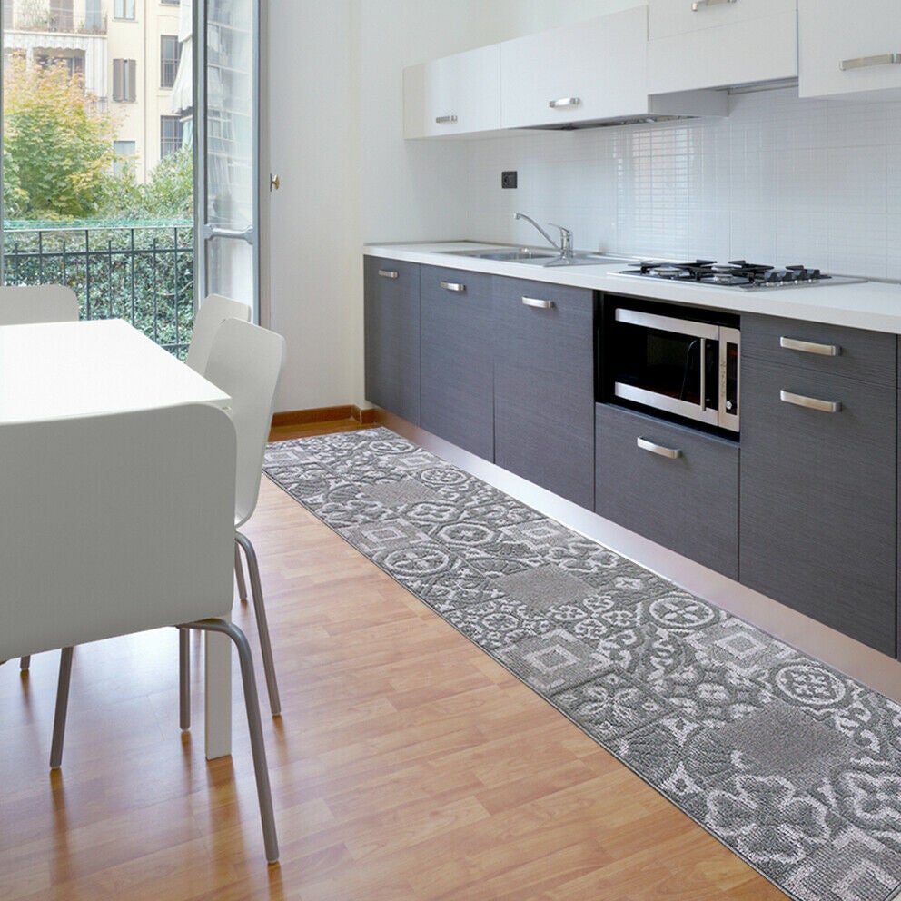 Tapete De Cozinha 57x230 cm Textura 3D Antiderrapante Lavável Azulejo Majólica Cinza - 3