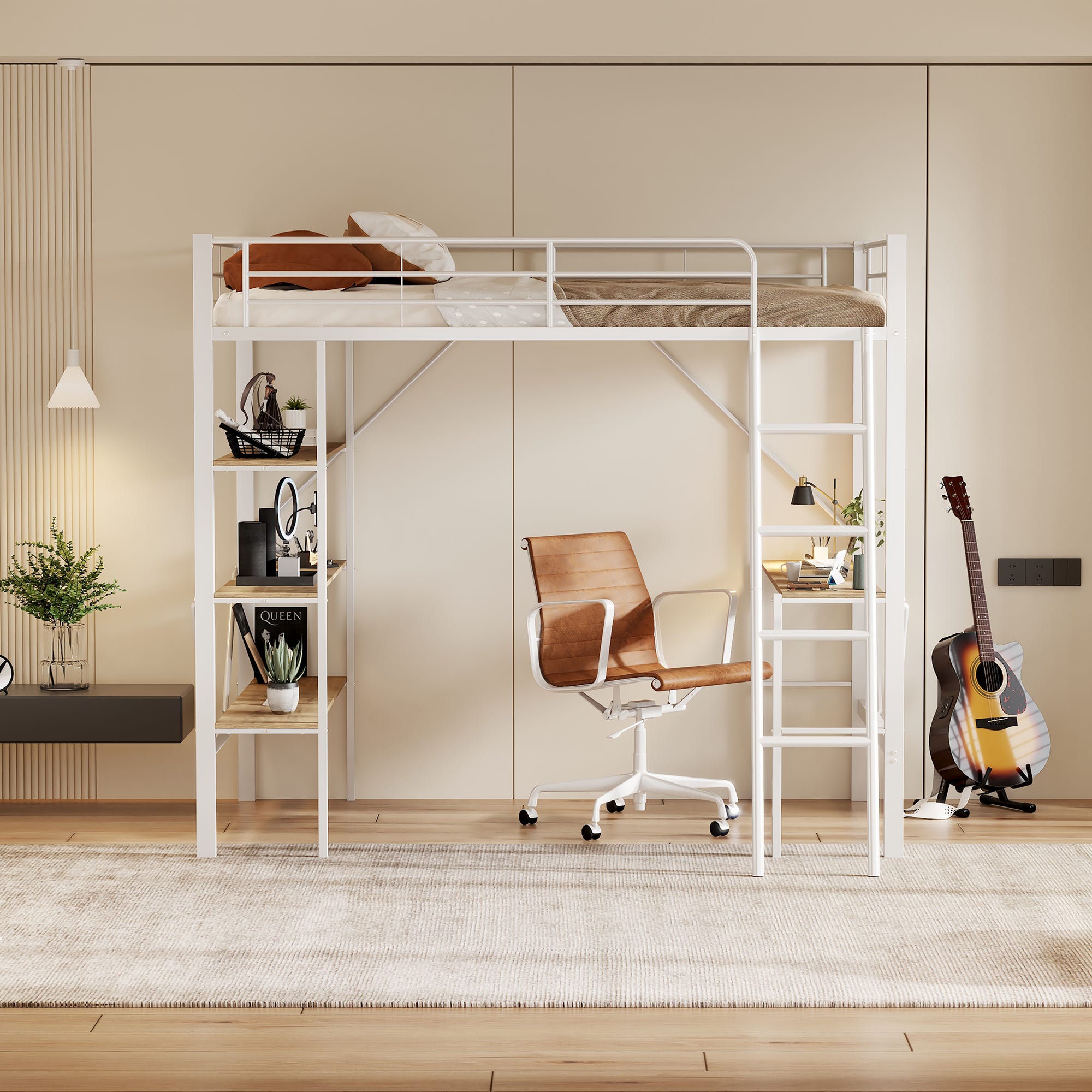 Lit Mezzanine En Fer 140x200 Avec Bureau Et Armoire – Blanc + Naturel | Lit Superposé Gain De Place Pour Ado/adulte