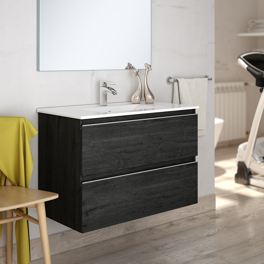 Meuble de salle de bain simple vasque - 2 tiroirs - BALEA et miroir Led VELDI - ebony (bois noir) - 100cm - 2