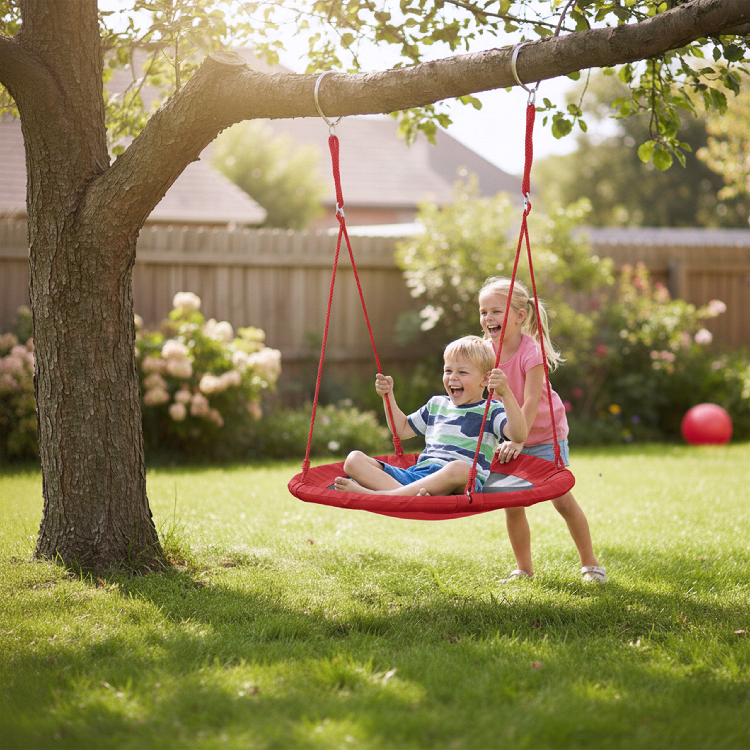 Balançoire nid d'oiseau rond 90 cm à suspendre enfant adulte jardin extérieur Ø 90 cm, 100 kg, rouge, Relaxdays - 2