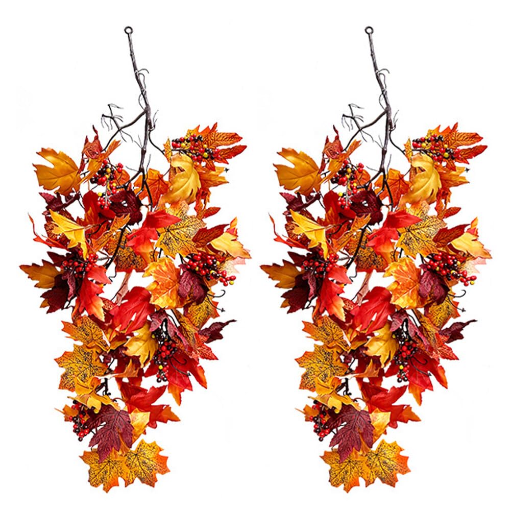 Girlanda ze sztucznych liści klonu (2 sztuki) - 80 cm - Jesienne liście na Święto Dziękczynienia, kominek, ogród, dekoracje na Halloween—C