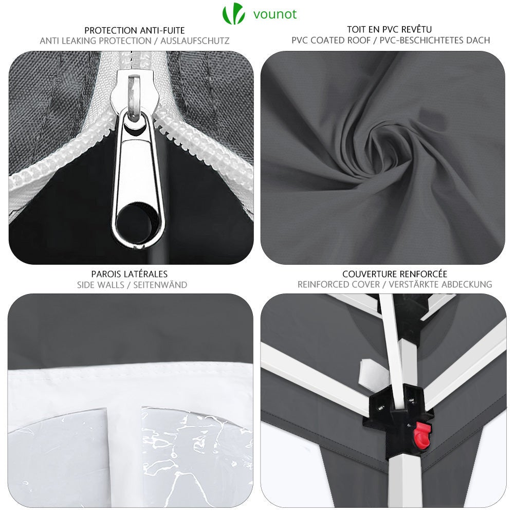 Tonnelle de jardin 3x3m pliable avec portes et fenêtres et sac de transport gris - VOUNOT® - 4