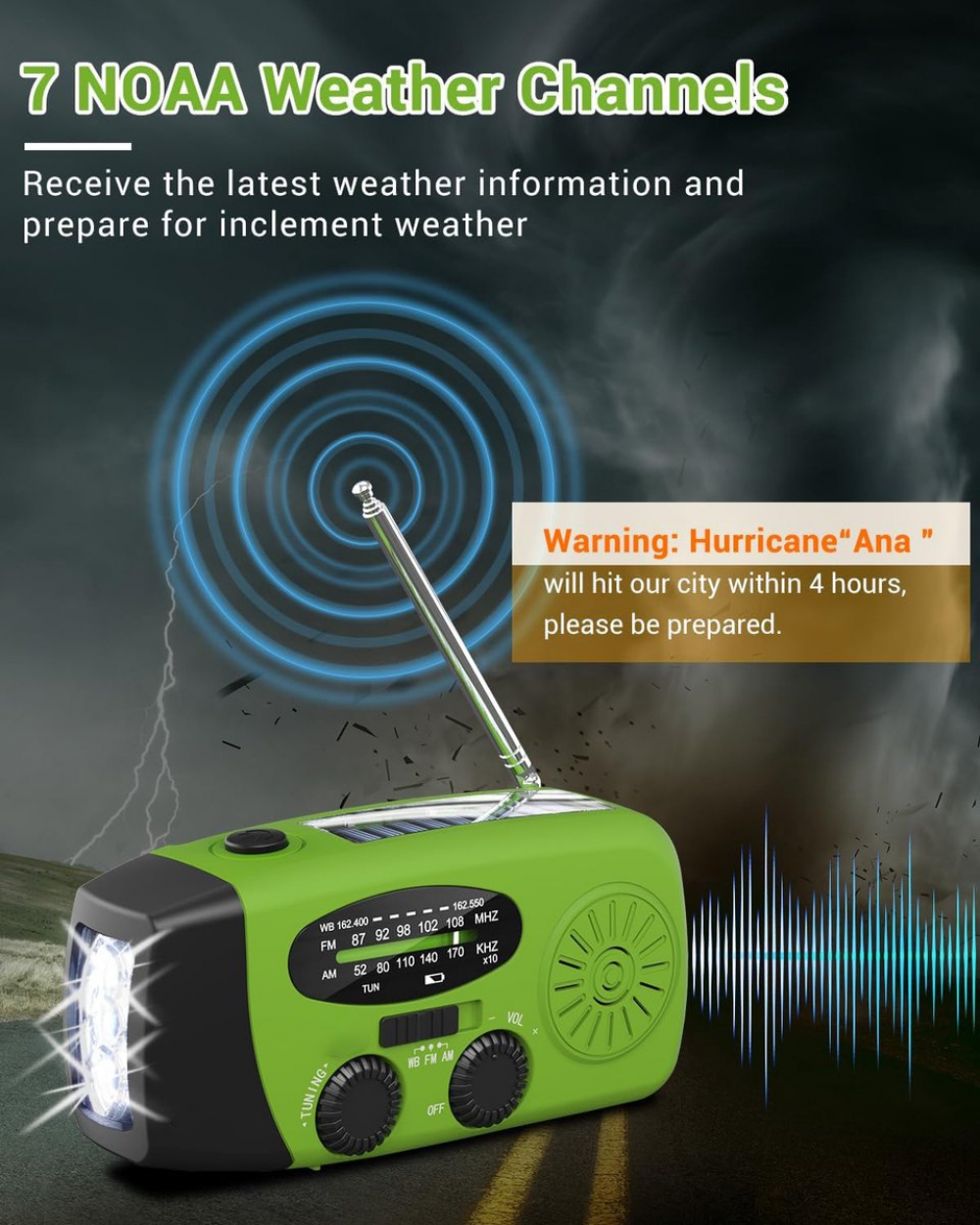Przenośne radio awaryjne – Power Bank 2000 mAh – Radio awaryjne zasilane bateryjnie (ładowalne) – Na kemping i na wypadek klęsk żywiołowych – Zielone - 7